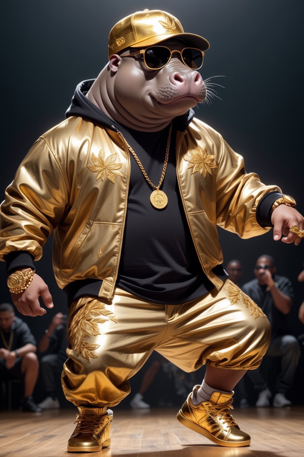 Dressed animals - a fat hippo dancer, ((dancing and singing)), god of hip hop, highly detailed ((hip hop fashion)) , highly detailed accessories , (wearing sunglasses and cap),dancing pose,wearing a jacket and hoodie delicately depicted with gold leaf detailing, printed onto a substantial and regal coat,Emphasize the intricate application of gold foil to capture the strength and valor of hip hop dancer. Ensure a visually stunning representation that combines the opulence of gold leaf with the historical passion of hip hop , creating a unique and impressive fashion through innovative image generation techniques.",abmhandsomeguy,(full body image:1.5), stadio lighting