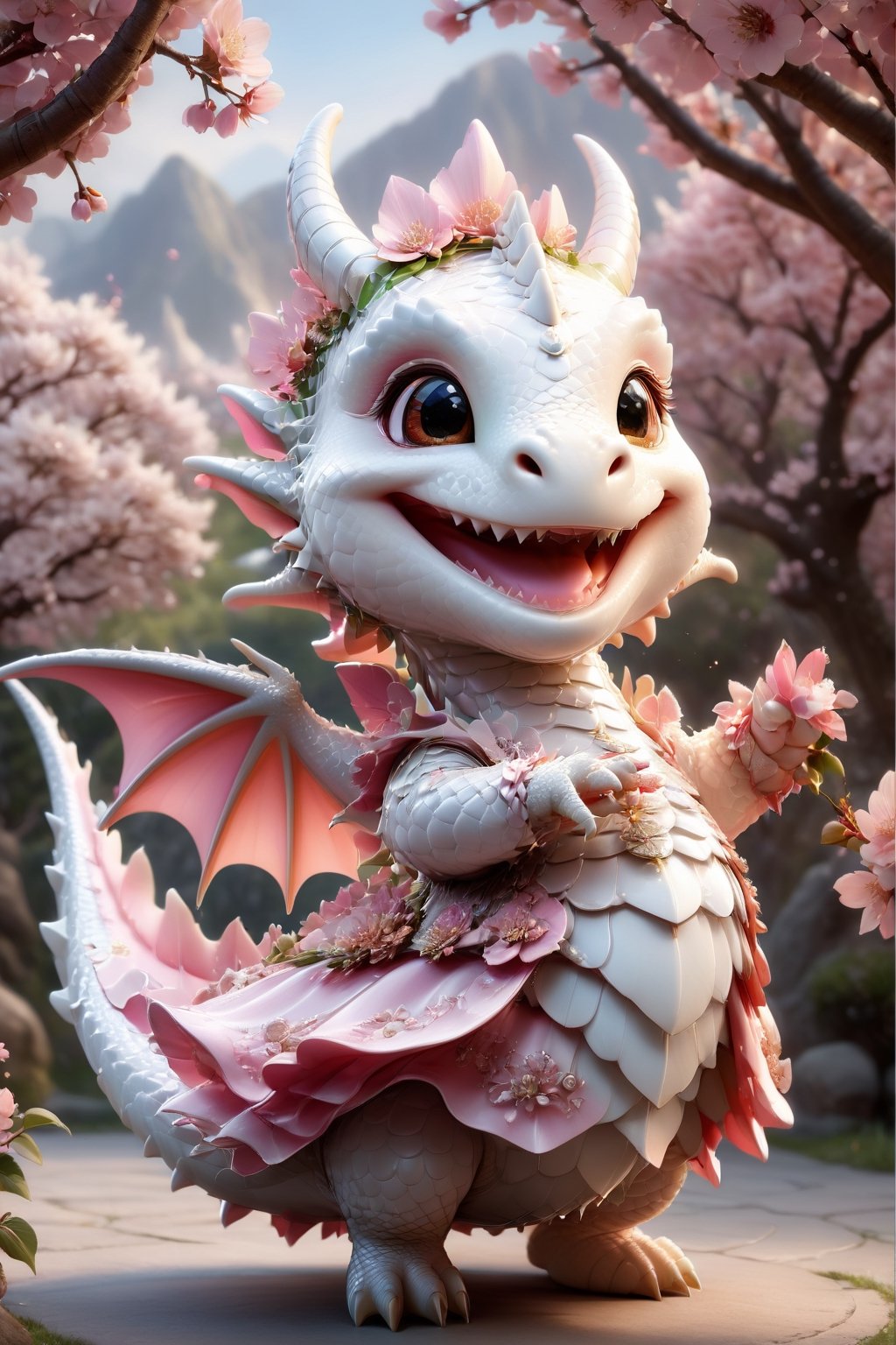  portrait of cute dragon,(singing pose), high quality,() ,intricate details, highly detailed dress ,smile,highly detailed flower decorations, long tail , (wind effect), cherry_blossom background,sun light,perfect lighting,(full body image:1.5),more detail XL,,cute dragon,sticker,ULTIMATE LOGO MAKER [XL],disney pixar style