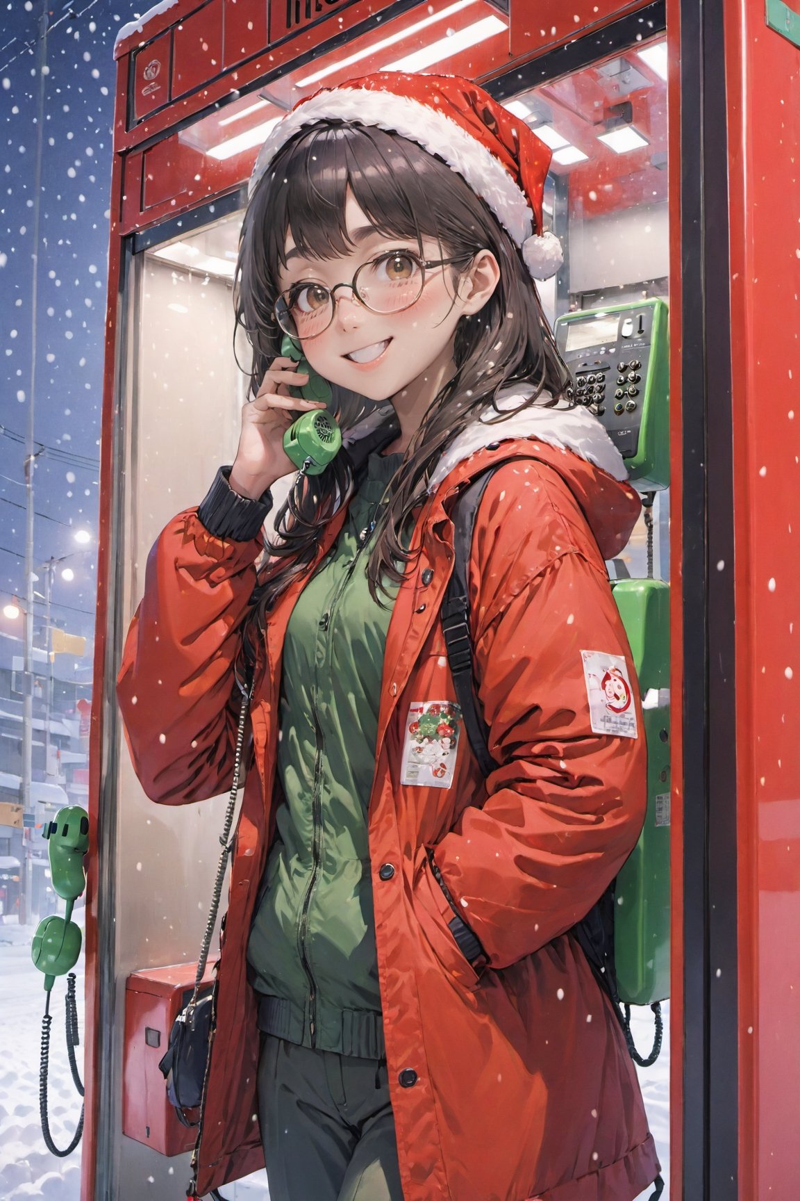 best quality, ultra-detailed, illustration, japanese girl, cute, (shy smile),
It's snowing heavyly,Christmas atmosphere,
Japan, Payphone, scenery, phone, blurry, indoors, close-up, realistic, photo background, decorated with christmas ornaments,
1girl,  red Santa Claus's hat,glasses, black hair, long hair, Field jacket, Cargo pants, boots, face palm, :o
  
,Japan