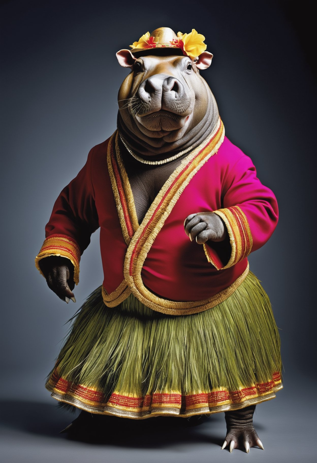 photorealistic portait of Dressed animals - a hippopotamus hula dancer, high quality, highly detailed, studio lighting,