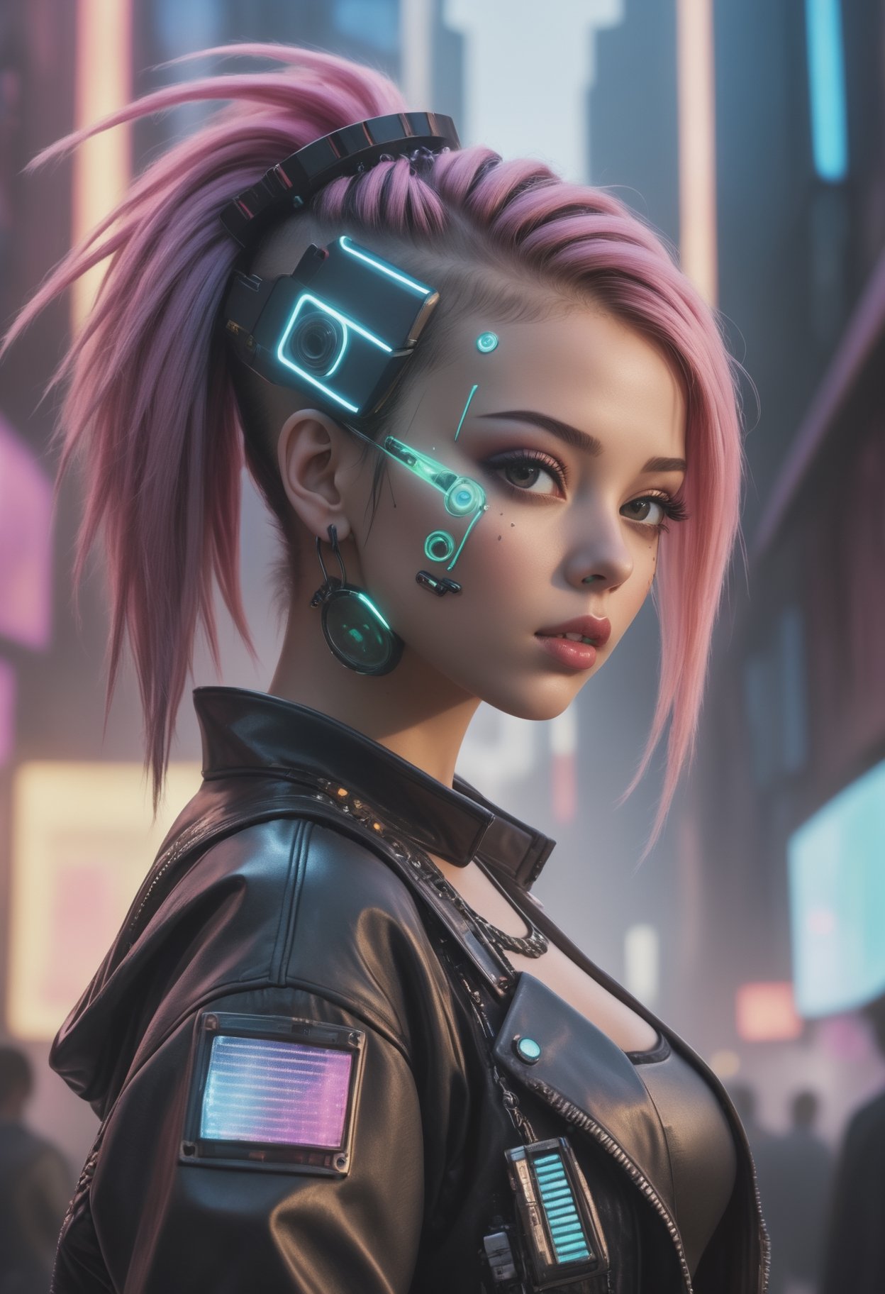 (top-quality,8K,32K,​masterpiece,UHD:1.3),ultra high res,(Photorealsitic:1.4),RAW photo, cyber punk girl,A detailed cute face,cyber punk hair,cyber punk fashion,highly detailed clothes,half body shot,
,cyber punk city background,Back light effect, lens flare,depth of fields,cyberpunk