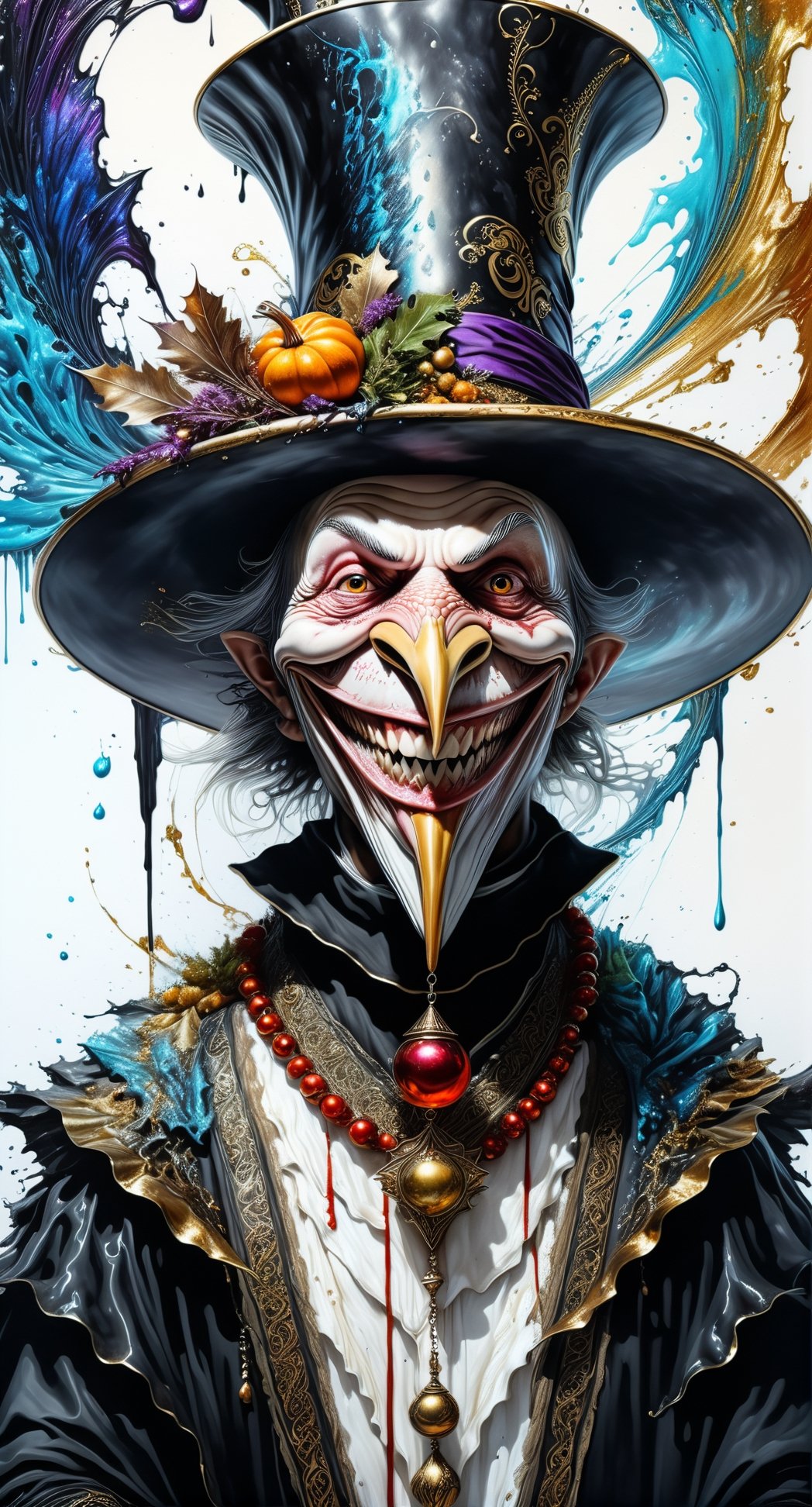 Ultra-Wide angle shot, photorealistic of gothic medieval of  stylish (turkye) character wearing pilgrim outfits,(turkey),(long neck), (large beak),(horror), (creepy smile),art by Carne Griffiths,thanksgiving atmothphere,ornaments of thanksgiving, merged visuals, evocative storytelling, creative blending, seeBlack ink flow: 8k resolution photorealistic masterpiece:  intricately detailed fluid gouache painting: calligraphy: acrylic: colorful watercolor art, cinematic lighting, maximalist photoillustration: by marton bobzert: 8k resolution concept art intricately detailed, complex, elegant, expansive, fantastical, psychedelic realism, dripping paint,,DonML1quidG0ldXL ,Digital painting ,PEOPShockedFace