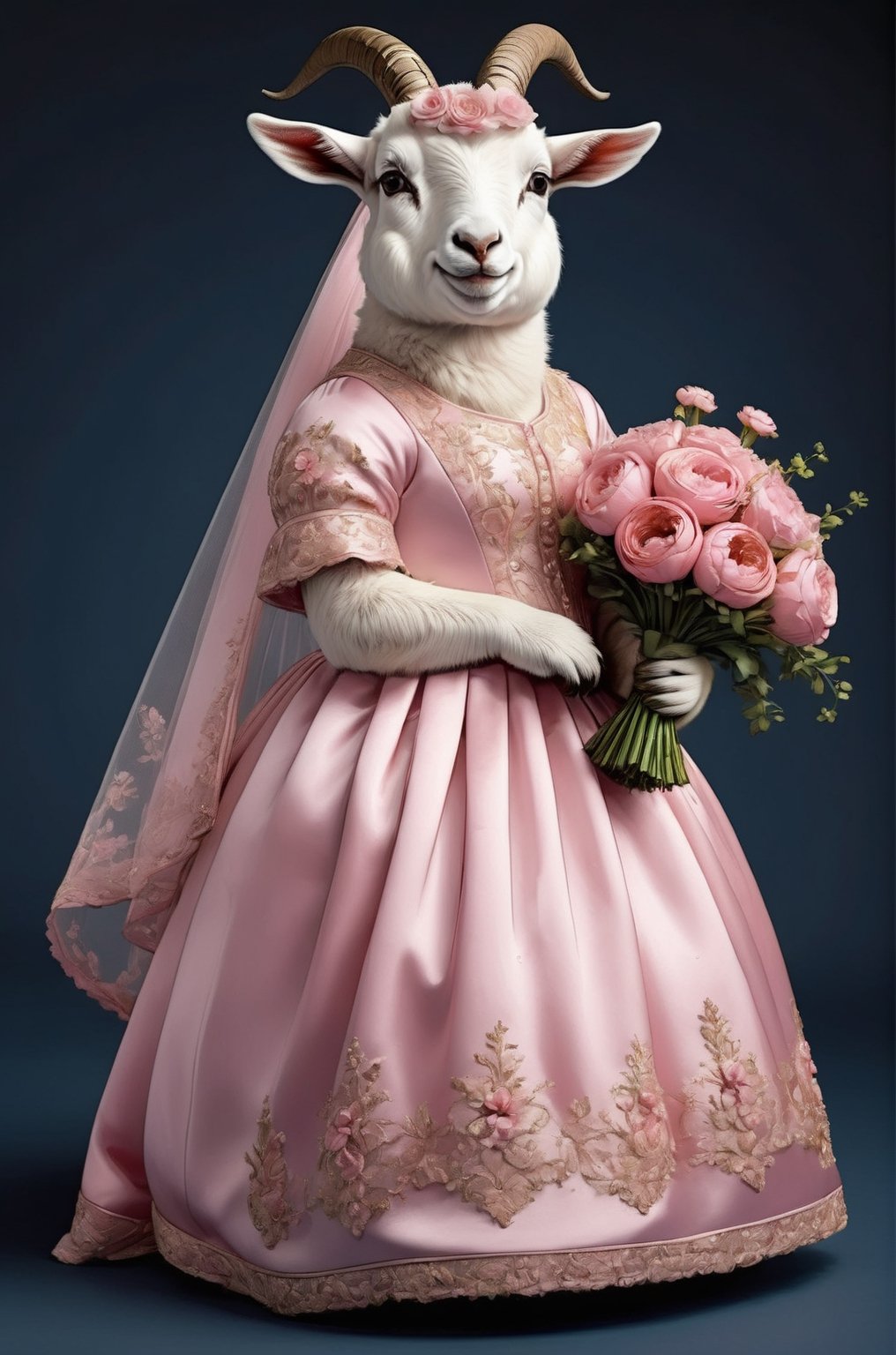  portrait of Dressed animals - a ((fat)) baby goat,(elegant pose),(closed mouth),(frurry), high quality,(lovely) ,intricate details, highly detailed ((pink wedding dress)),wearing opera globes ,wearing highly detailed veil, highly detailed decorations ,holding flower bouquet, (), studio lighting,(full body image:1.5),comic book