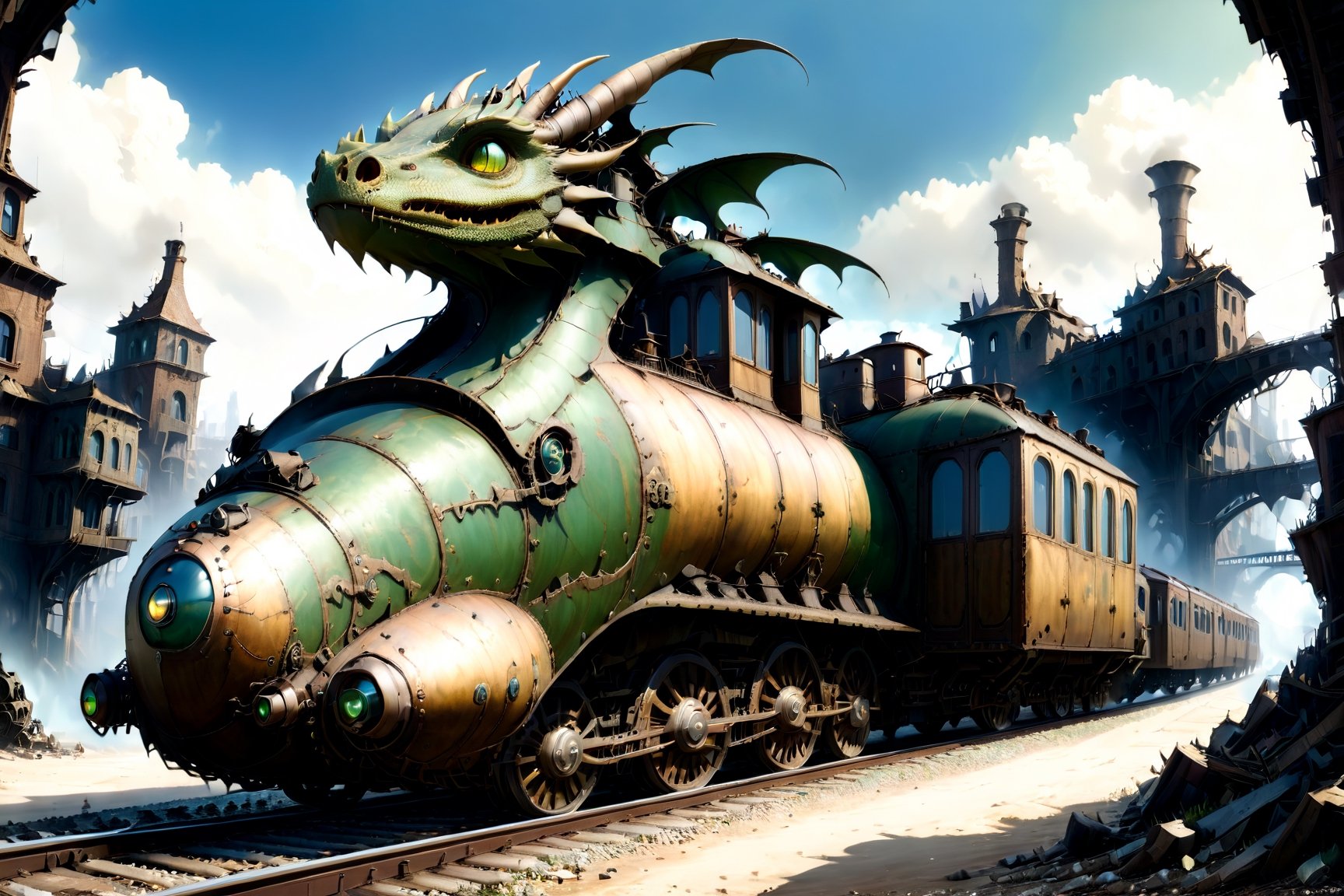 dragon train,buildings background, (masterpiece), (best quality), , Wasten land, post-apocalyptic world, (viewed from below:1.9), wide angle:1.5,
, 
