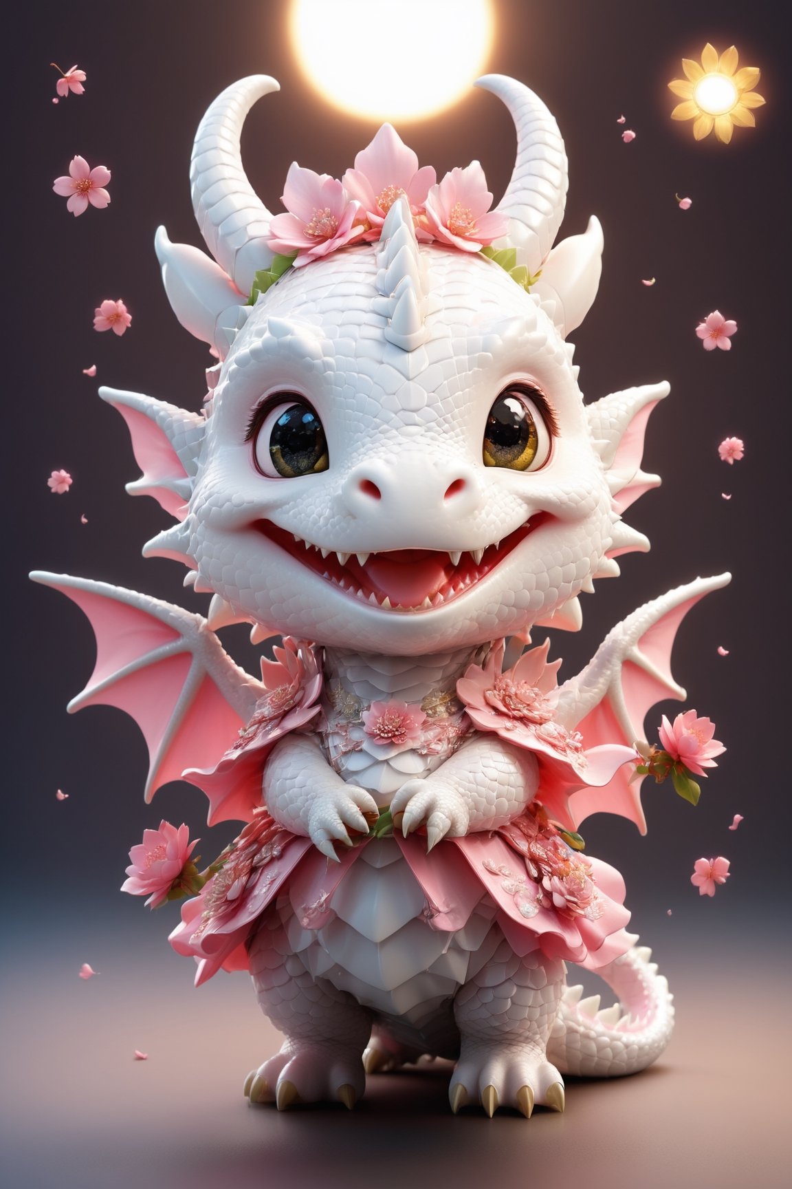  portrait of cute dragon,(dynamic  pose), high quality,(happy atmosphere) ,,smile, , (wind effect), cherry_blossom background,sun light,(full body image:1.5),more detail XL,,cute dragon,sticker