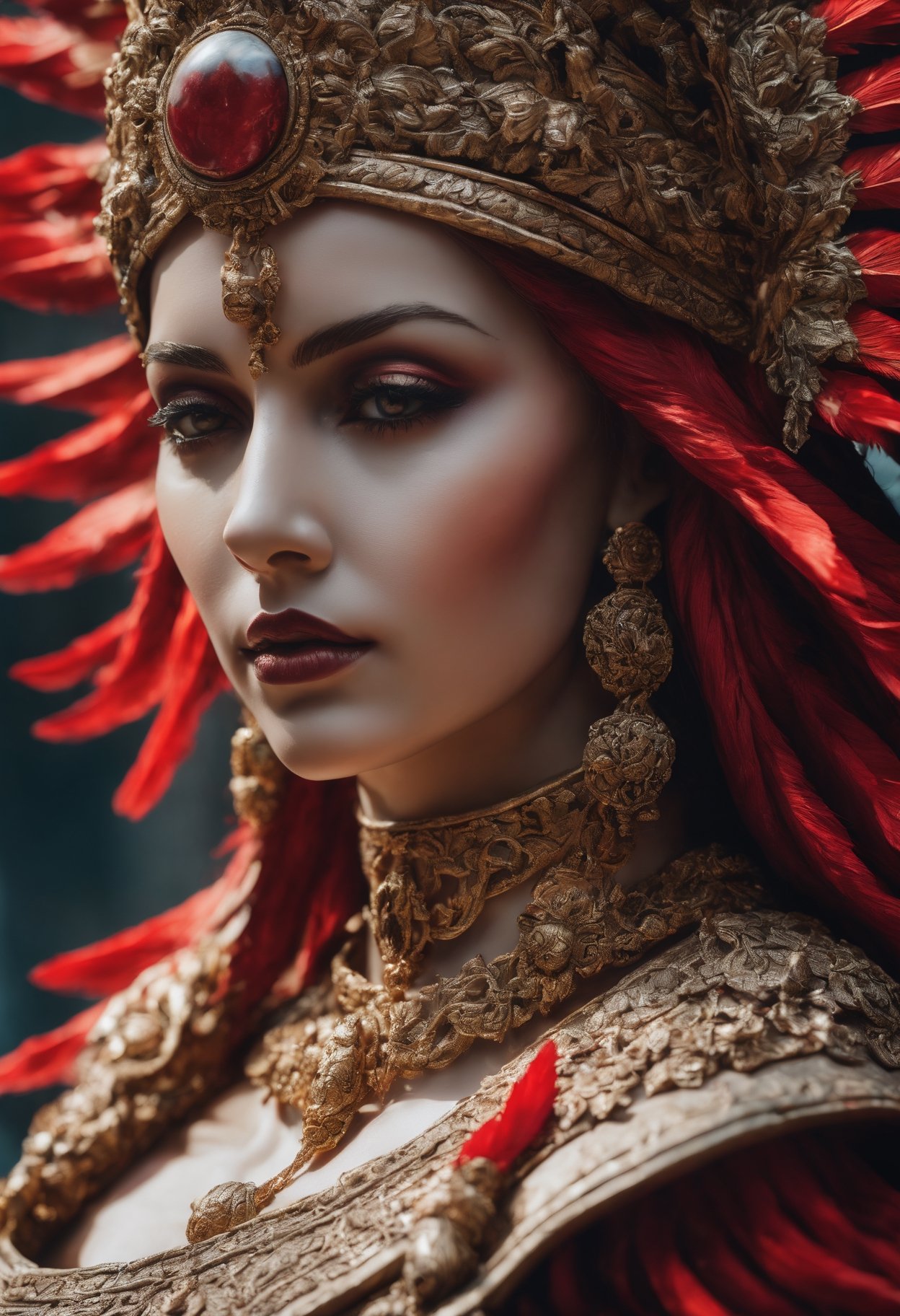 a close up of a statue of a woman with a red headdress, cinematic goddess close shot, Close-up portrait goddess skull, goddess close-up portrait, beautiful intricate face, detailed beautfiul face, Gorgeous Role Play, hyper-detailed fantasy character, extremely detailed goddess shot, detailed matte fantasy portrait, Beautiful detailed face, beautiful face detail