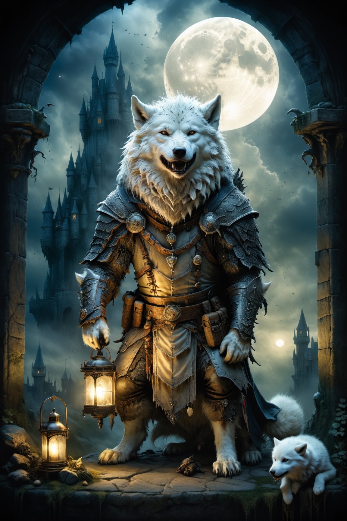 (((Top Quality: 1.4))), (Art by jean baptiste monge),(Unparalleled Masterpiece),(Ultra High Definition),(Ultra-Realistic 8k CG),chiaroscuro,cute white werwolf,king of werwolves massive mascular body ,fluffy body ,8 life size, in dark medieval castle,horror , eerie moon light makes gradient of shadows and adds depth to images, (magic mysterious background,highly detailed baclgound, glowing particles, ethereal fog, faint darkness), hype realistic cover photo awesome full color, Cinematic, (hyper detail: 1.2), perfect anatomy,more detail XL,Leonardo Style,,detailmaster2,((over waist image:1.8)),,realistic,monster