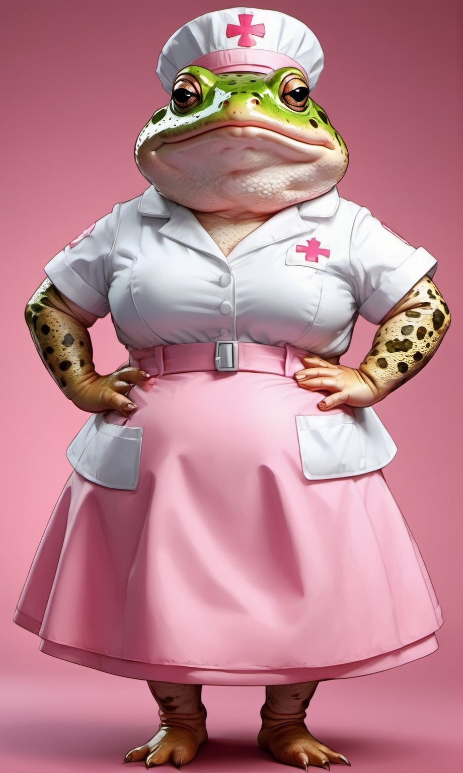  portrait of Dressed animals - a ((fat)) cute toad nurse,(hands on hips:1.5 ),(closed mouth), high quality,(lovely) ,intricate details, highly detailed ((pink nurse costume)), wearing nurse cap and skirt , highly detailed medical equipment , (happy), studio lighting,(),(simple background)