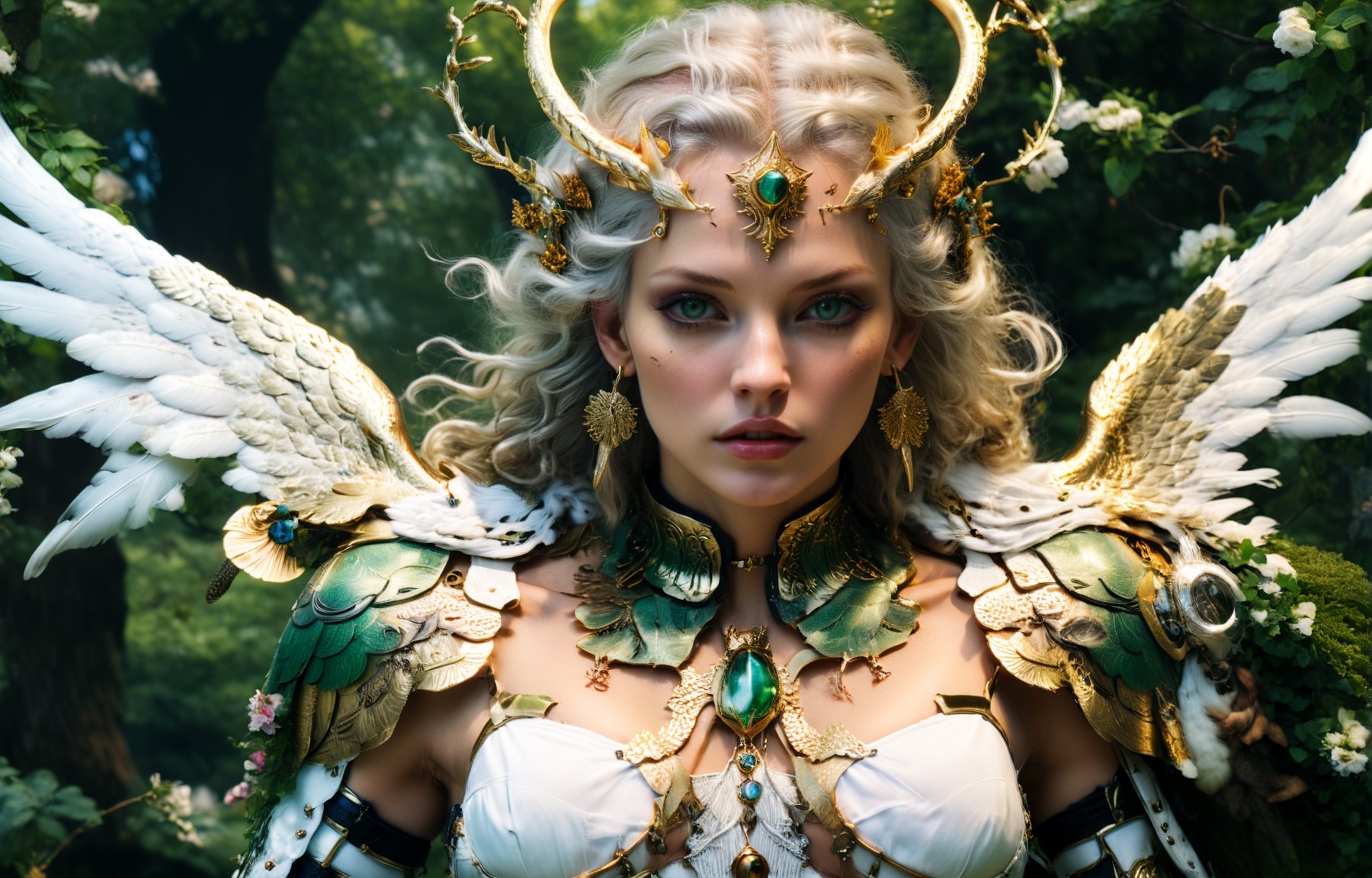 (wide angle),(Aetherpunk style:1.4),8k , ultra quality ,nature,pagan imagery,intricate detailed, beautiful valkyrie ,gold detailed holy gorgeous armor,intricate detailed wide angelic wings,spreading angelic wings wide,utopia,magic,detailed,mages,outdoors,amazing scenery,(highly detailed:1.2),(ultra realism:1.2), realistic, detailed, textured, skin, platinum white hair, green eyes, by Alex Huguet, Mike Hill, Ian Spriggs, JaeCheol Park, Marek Denko
,detailmaster2,more detail XL,(half body image),realistic,3d toon style