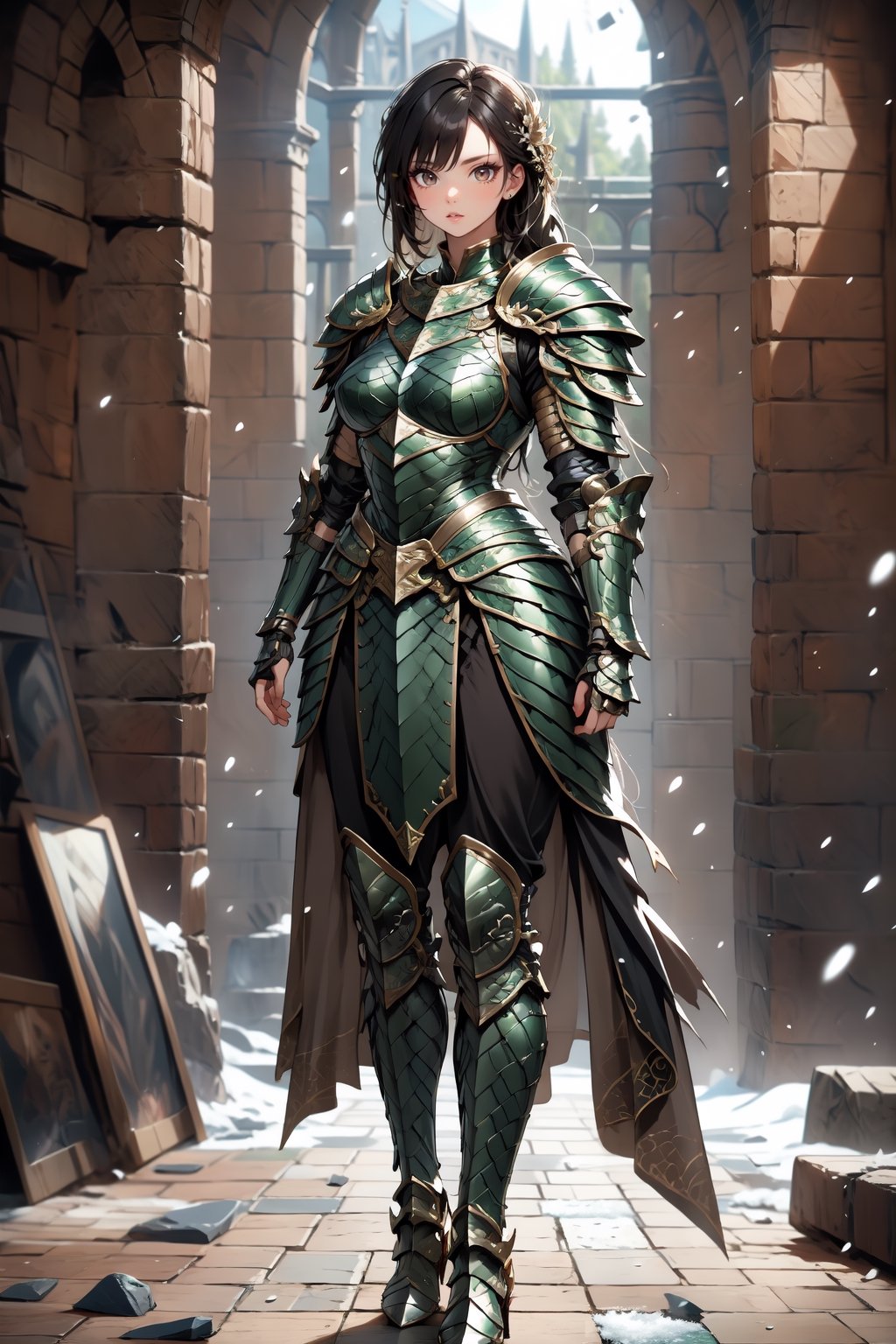 Beautiful 27 year old woman, (brown eyes), ((strong physique body)), (black hair), long_hair:1.3, , bangs, (serious look), hourglass body shape, detailed eyes, normal breasts quality, slim waist, (strong physique), upper body , gauntlets, (detailed armor), lower body armor, black cape, broken stone floor, broken stone wall, snow falling, ((full-body_portrait)), (evil aura around her), Commander of knights,dragon armor
