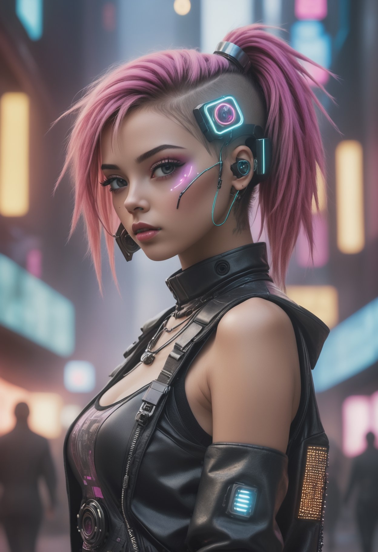 (top-quality,8K,32K,​masterpiece,UHD:1.3),ultra high res,(Photorealsitic:1.4),RAW photo, cyber punk girl,A detailed cute face,cyber punk hair,cyber punk fashion,highly detailed clothes,half body shot,
,cyber punk city background,Back light effect, lens flare,depth of fields,cyberpunk