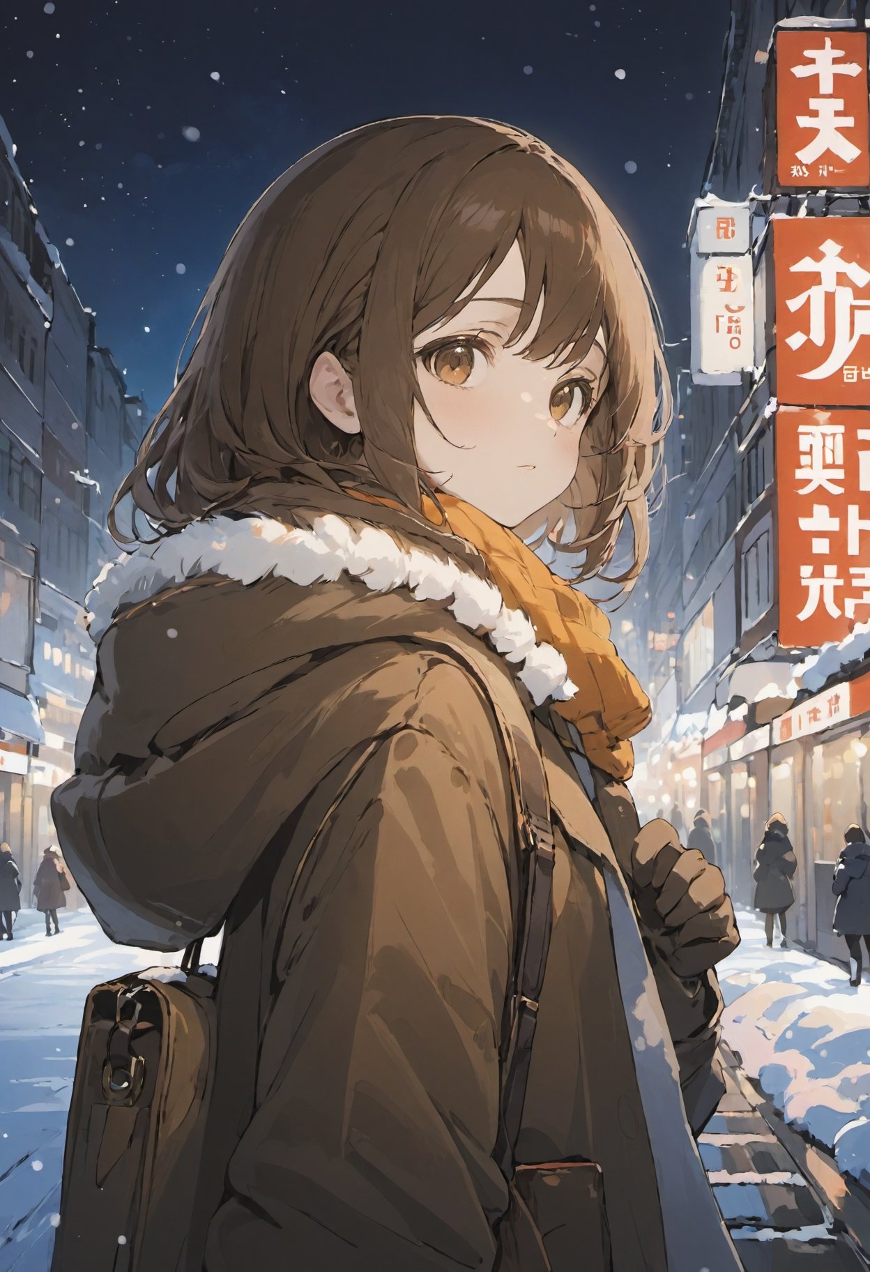 masterpiece, best quality, 1girl in city, hloding bag, looking at viewer, winter clothes, cute, solo, brown hair, brown eyes, pixiv, depth of field, night