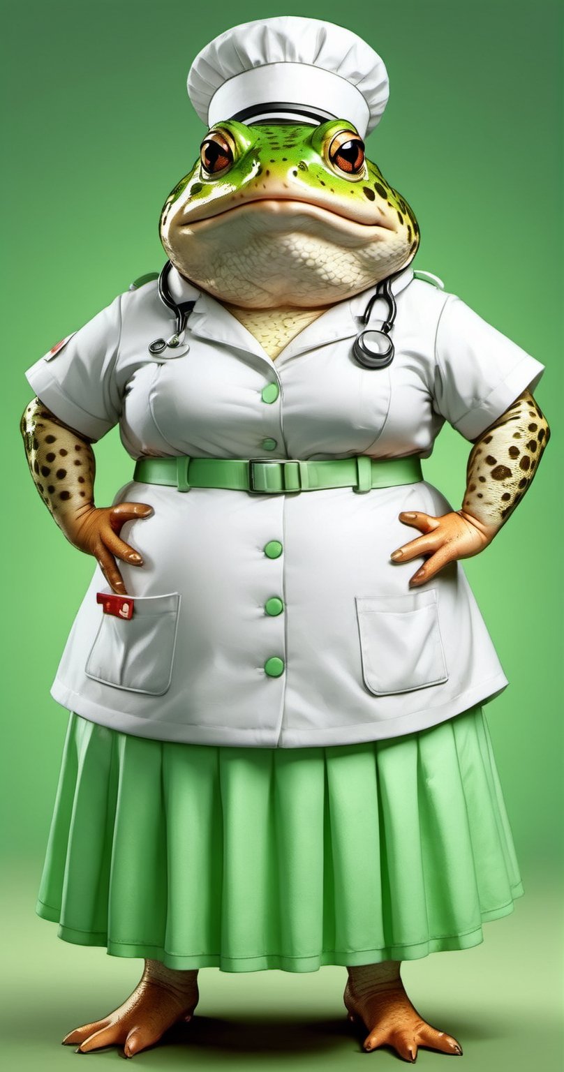  portrait of Dressed animals - a ((fat)) cute toad nurse,(hands on hips:1.5 ),(closed mouth), high quality,(lovely) ,intricate details, highly detailed (( green nurse costume)), wearing nurse cap and skirt , highly detailed medical equipment , (happy), studio lighting,(),(simple background)