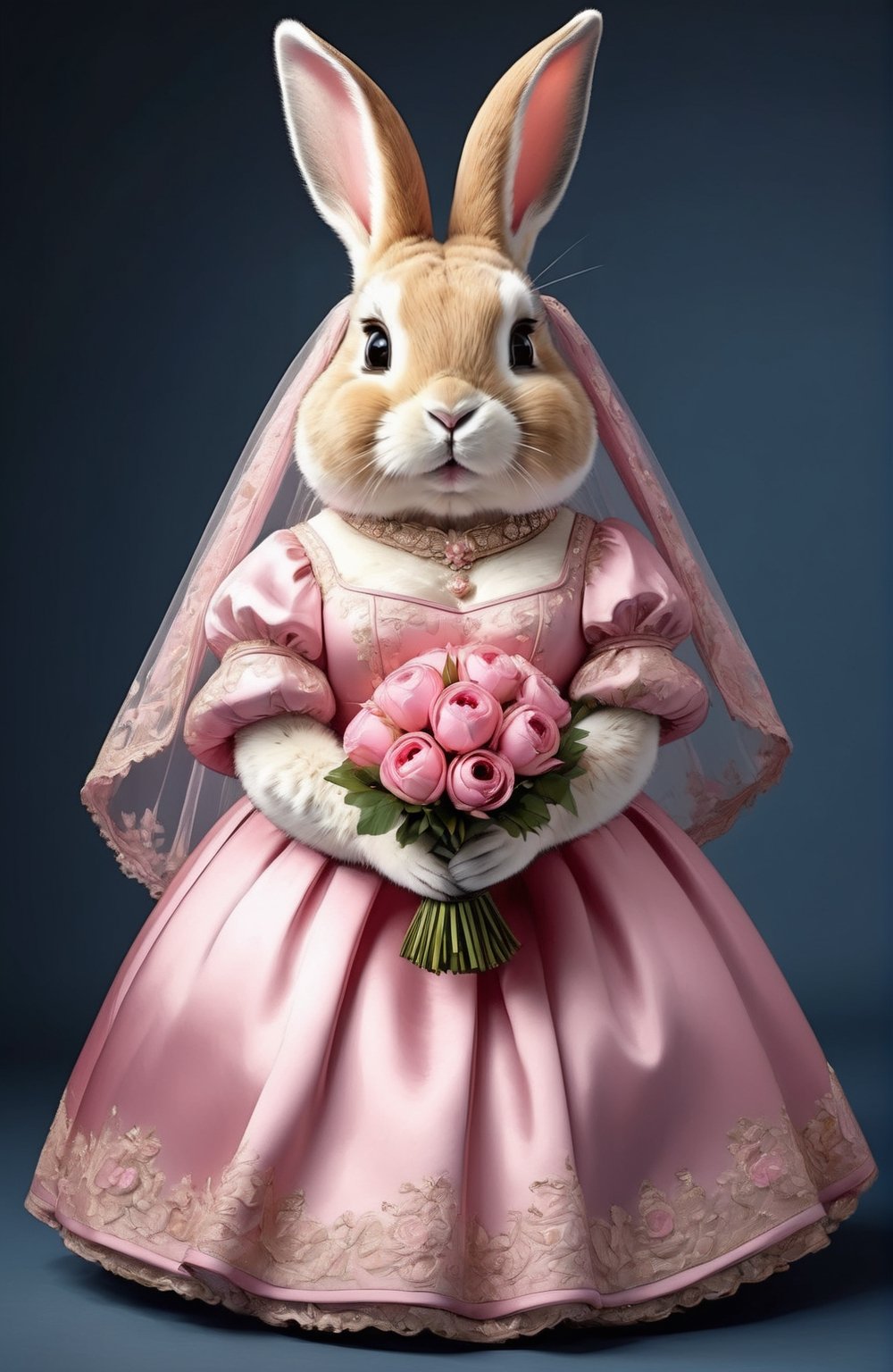 photorealistic portrait of Dressed animals - a ((fat)) cute rabbit,(elegant pose),(closed mouth),(frurry), high quality,(lovely) ,intricate details, highly detailed ((pink wedding dress)),wearing opera globes ,wearing highly detailed veil, highly detailed decorations ,holding flower bouquet, (happy), studio lighting,(full body image:1.5),comic book