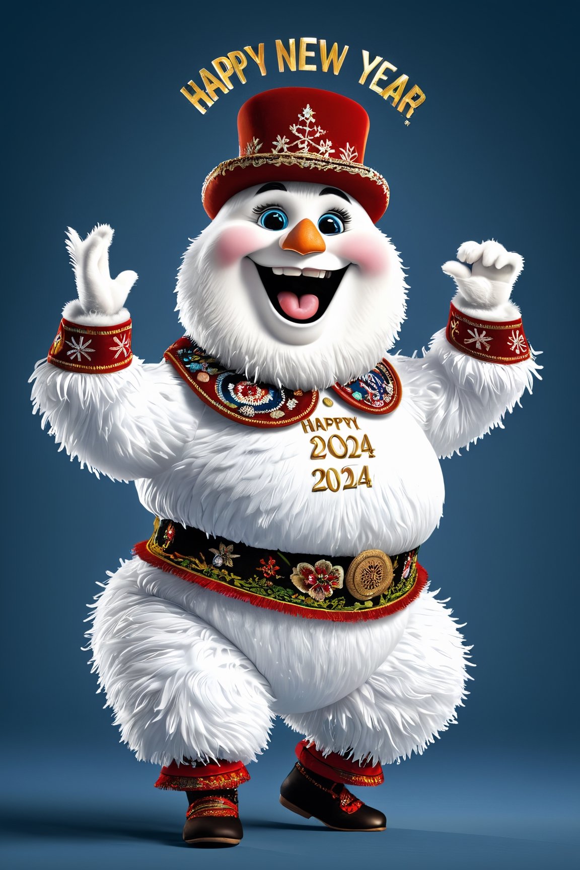 photorealistic portrait of Dressed animals - a fat baby abominable Snowman cossack dancer,(cossack dancing dynamic action pose), high quality,(lovely) ,intricate details, highly detailed ((cossack dance costume)) ,highly detailed decorations,, (happy), studio lighting,(full body image:1.5),AiArtV,(text that says "Happy New Year 2024":2.0)