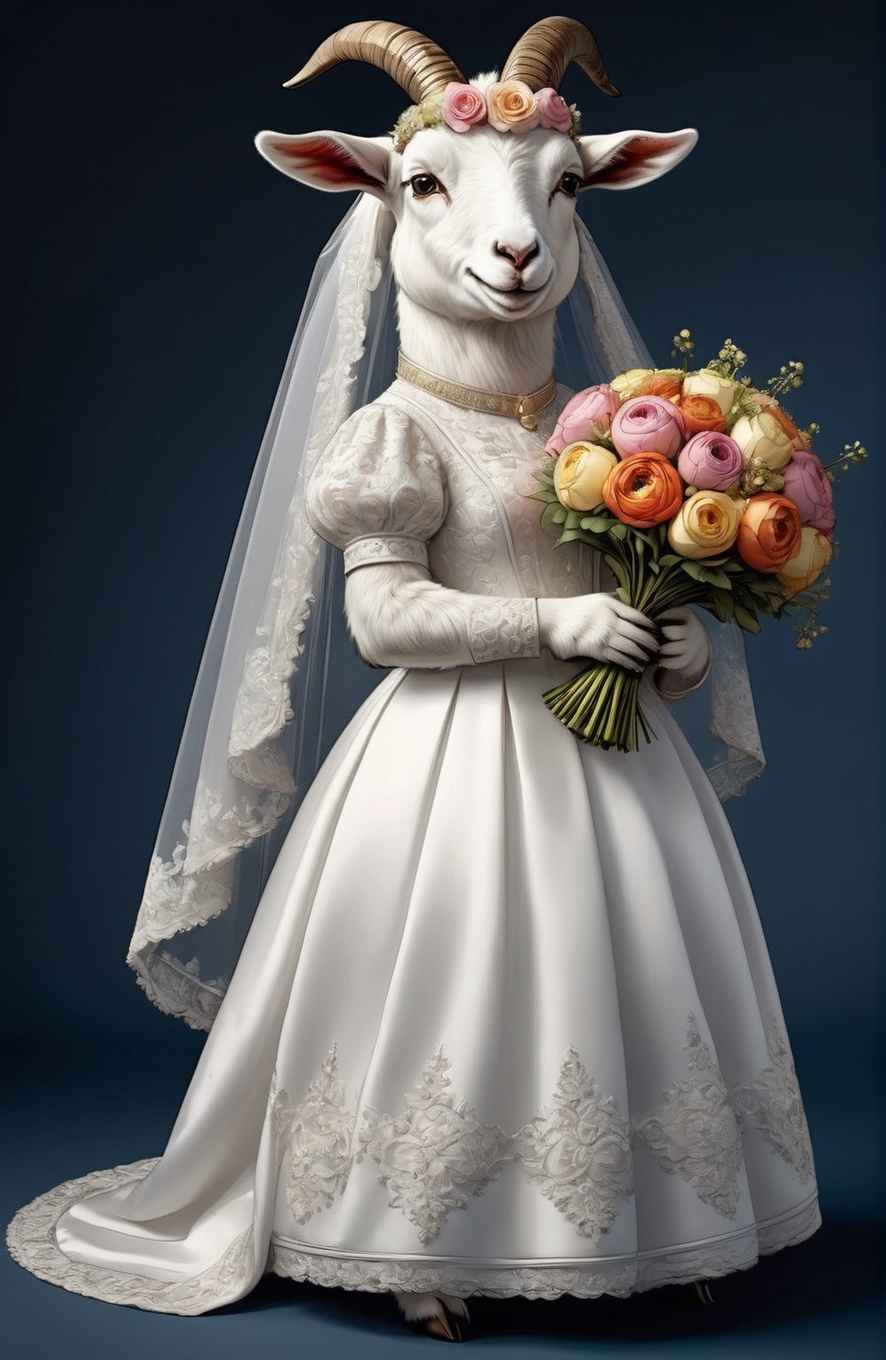  portrait of Dressed animals - a ((fat)) cute goat,(elegant pose),(closed mouth),(frurry), high quality,(lovely) ,intricate details, highly detailed ((wedding dress)),wearing opera globes ,wearing highly detailed veil, highly detailed decorations ,holding flower bouquet, (happy), studio lighting,(full body image:1.5),comic book