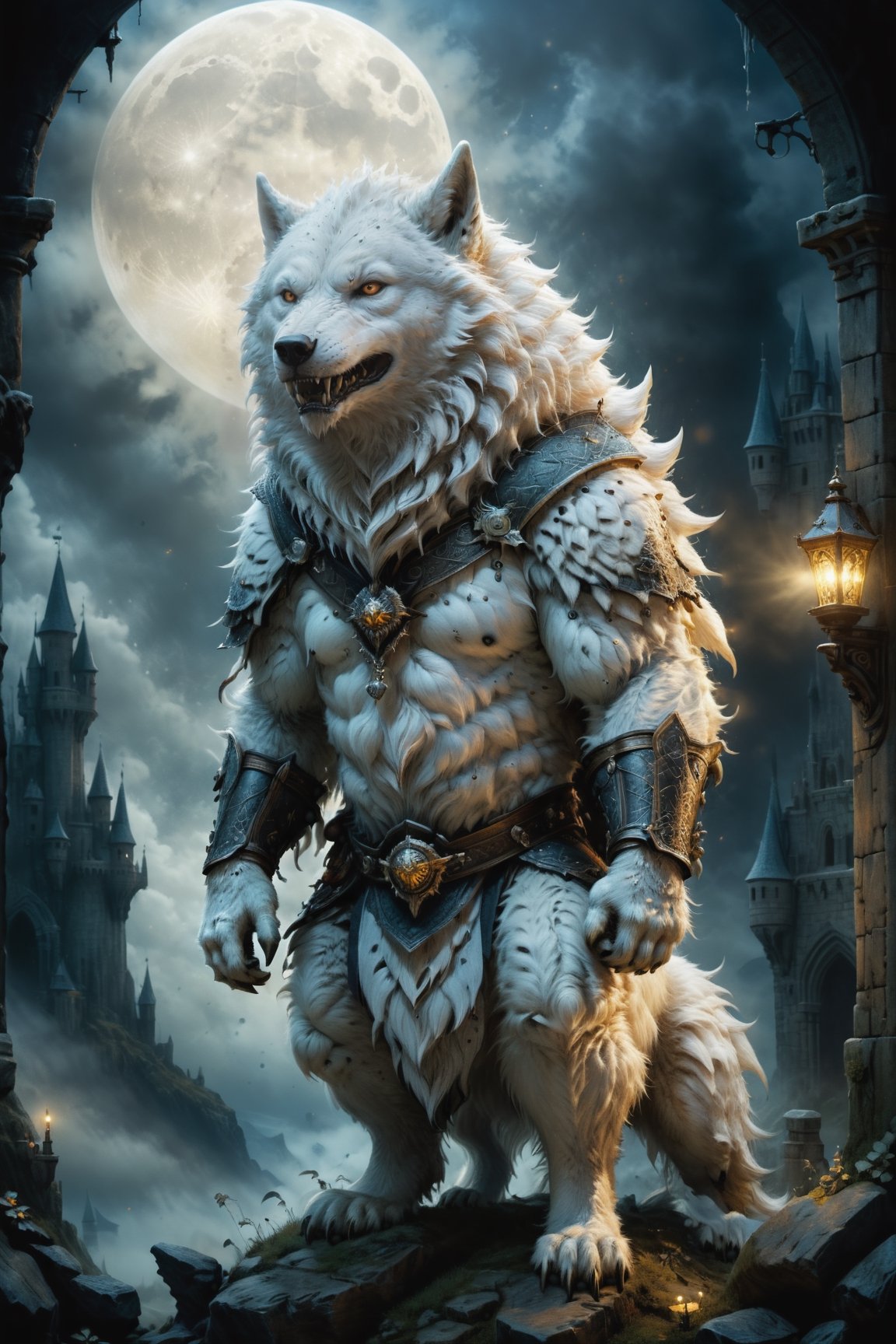 (((Top Quality: 1.4))), (Art by jean baptiste monge),(Unparalleled Masterpiece),(Ultra High Definition),(Ultra-Realistic 8k CG),chiaroscuro,cute white werwolf,king of werwolves massive mascular body, standing,fluffy body , in dark medieval castle,horror , eerie moon light makes gradient of shadows and adds depth to images, (magic mysterious background,highly detailed baclgound, glowing particles, ethereal fog, faint darkness), hype realistic cover photo awesome full color, Cinematic, (hyper detail: 1.2), perfect anatomy,more detail XL,Leonardo Style,,detailmaster2,((over waist image:1.8)),,realistic,monster