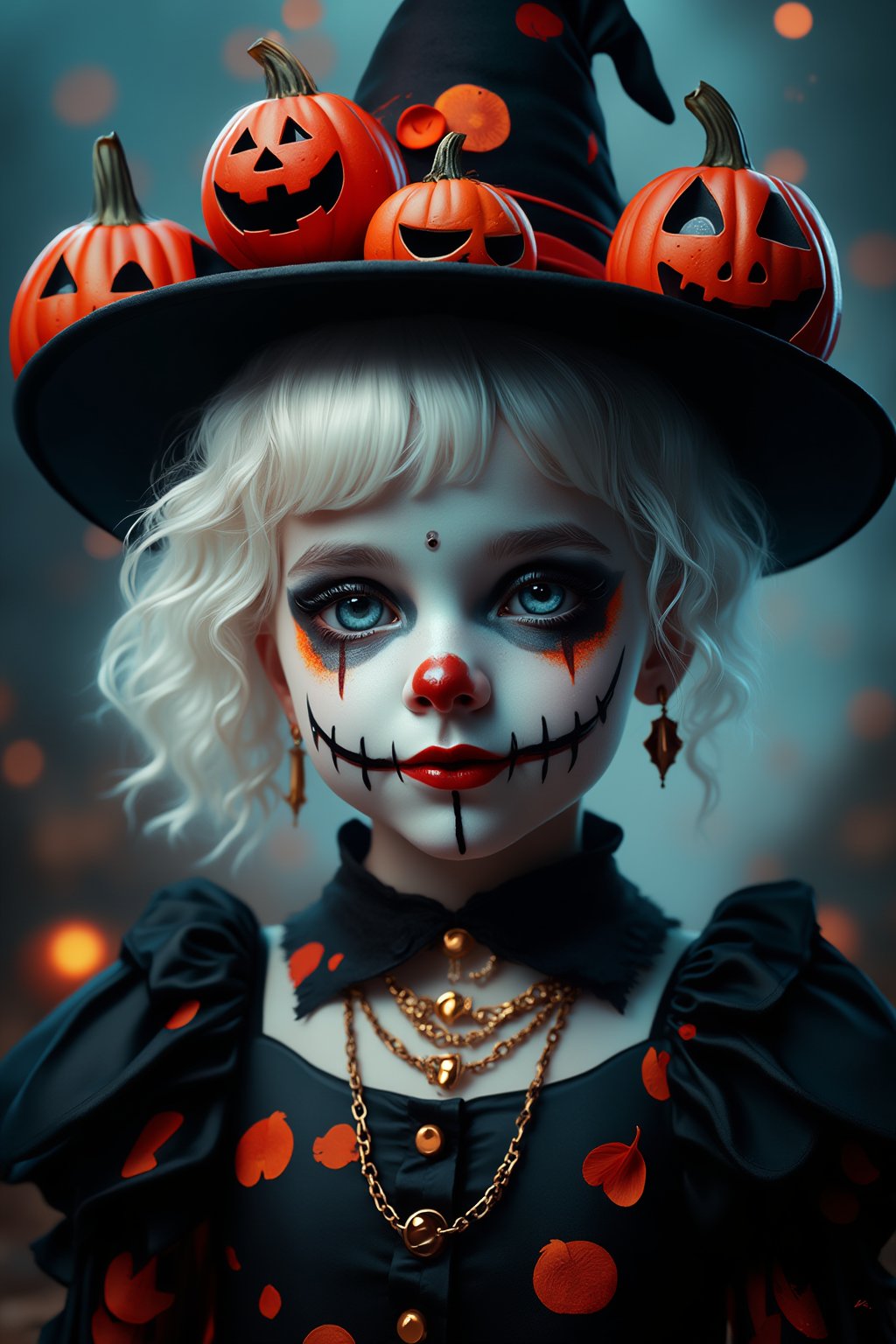 (Best Quality, 8K, 32K, masutepiece:1.3), Ultra-detailed, (Photorealistic:1.4), white colors, albino,15yo cute Girl with Halloween heavy paint on her face, child-like face,Detailed eyes, Upper body, Luxurious punk hair, Edgy Halloween fashion,(Halloween atmosphere),in Gothic Halloween costume and hat,jack-o-lantern motif accessories,necklace and earrings,  Avant-garde Halloween makeup, Numerous piercings,,night sky background, Backlight effect, Shallow depth of field, Blurry background,score_9, score_8_up, score_7_up, score_6_up, score_5_up, score_4_up,