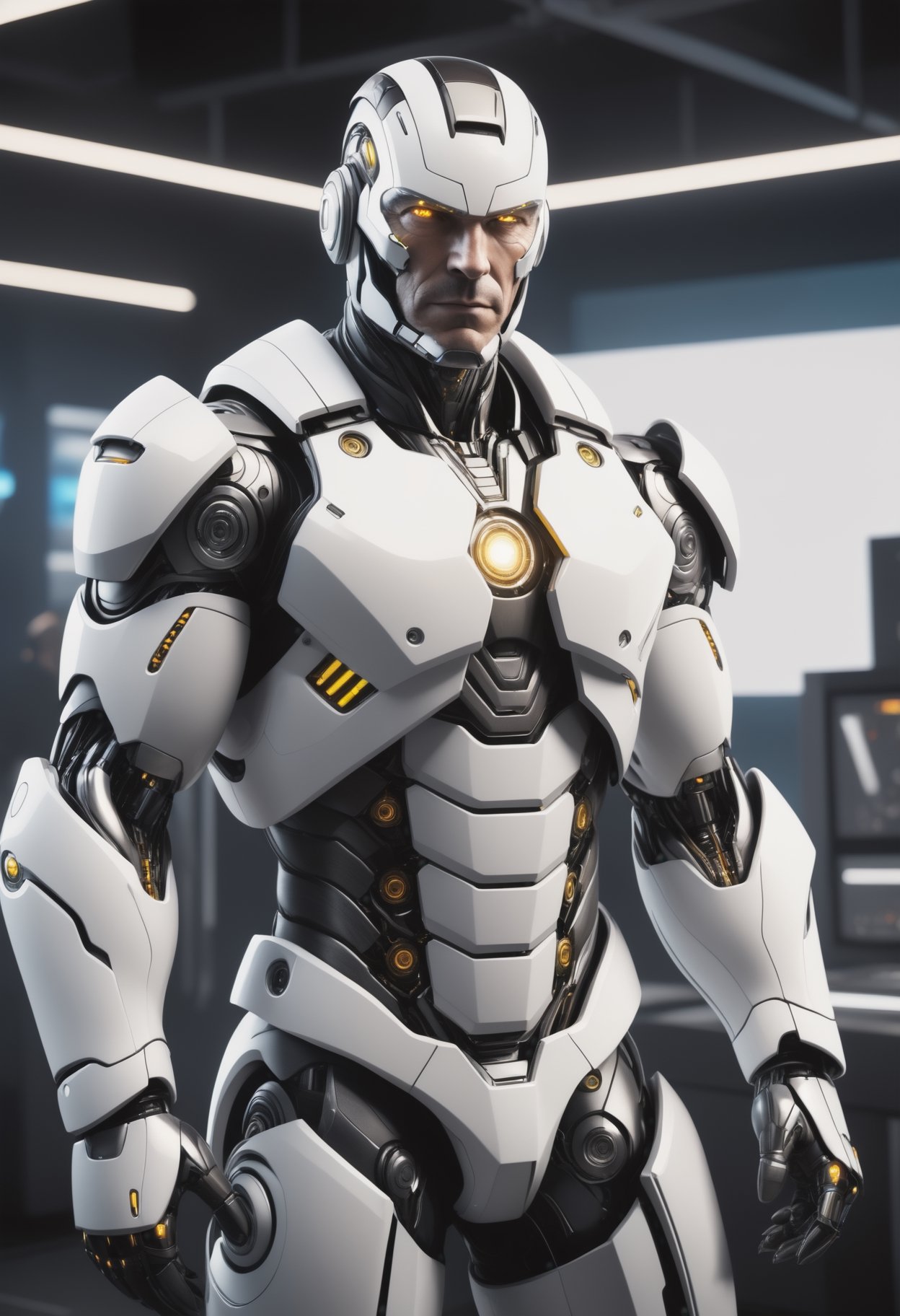 ald, muscular white man in his fifties, hazel eyes, dressed in TGRON legacy style suit, with machines in the background, with cinematic lighting, extremely detailed. 8k,monster,cyborg style,cyborg,android,make_3d,Movie Stile