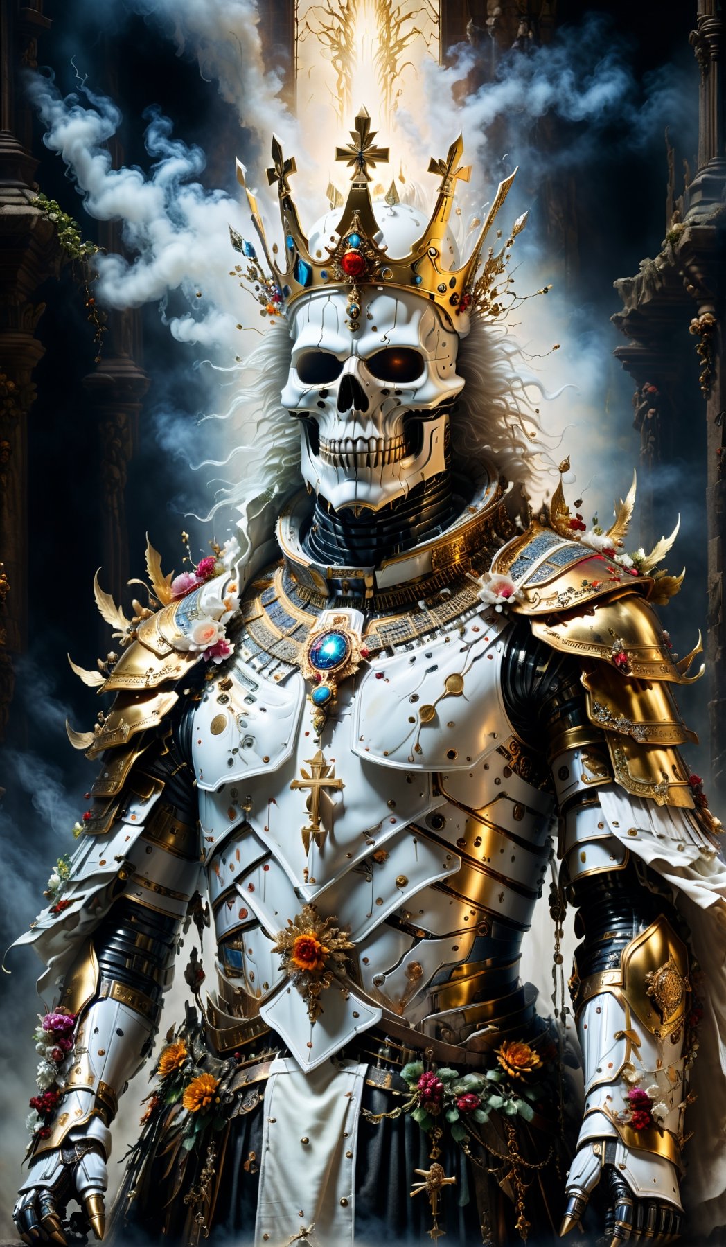 (((Top Quality: 1.4))), (Art by Giuseppe Arcimboldo),,(Unparalleled Masterpiece),(Ultra High Definition),(Ultra-Realistic 8k CG),cyborg evil priest , horror, highly detailed embellished white Vestment, highly gold detailed priest's crown , in dark ruins of church,8 life size, eerie white light penetrating makes gradient of shadows and adds depth to images, (magic mysterious background,, glowing particles, ethereal fog, faint darkness), hype realistic cover photo awesome full color, Cinematic, (hyper detail: 1.2),, perfect anatomy,more detail XL,Leonardo Style,cyborg style,detailmaster2,((full body image:1.8)),cyborg