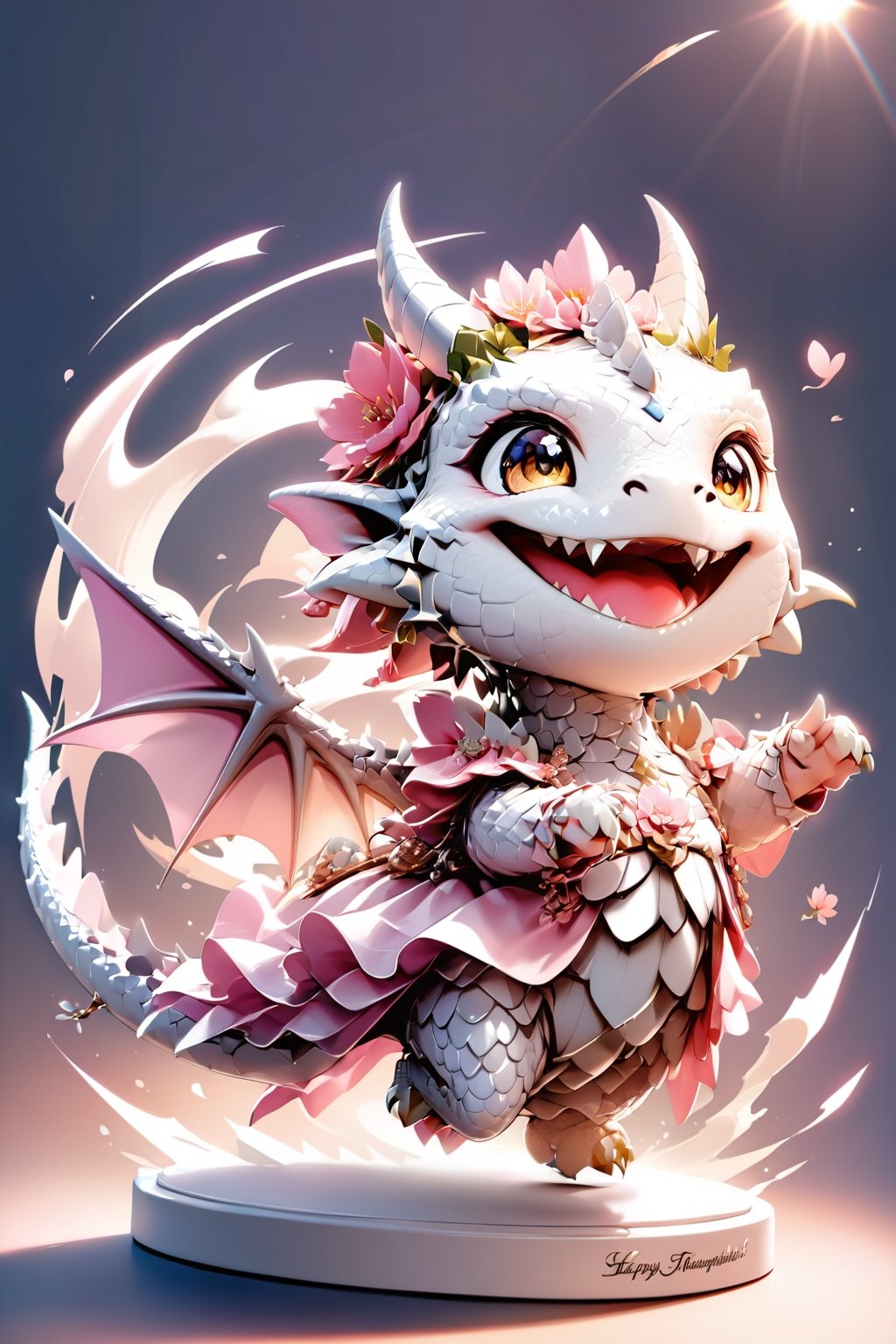  portrait of cute dragon,(dynamic  pose), high quality,(happy atmosphere) ,,smile, , (wind effect), cherry_blossom background,sun light,(full body image:1.5),,,cute dragon,sticker