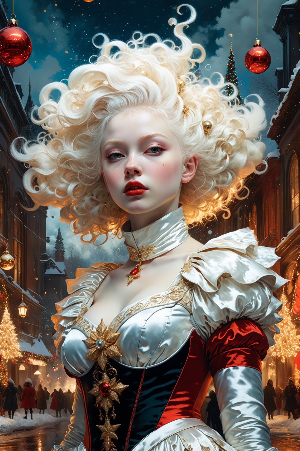 (christman theme:1.5),Cinematic,realistic photo of albino girl, wearing christmas costume,vibrant colors, fantasy, warm tone, surreal, 8k resolution photorealistic masterpiece by Aaron Horkey and Jeremy Mann, professional photography, volumetric lighting maximalist photoillustration by marton bobzert, 8k resolution concept art intricately detailed, complex, elegant, expansive, fantastical, mythical clouds