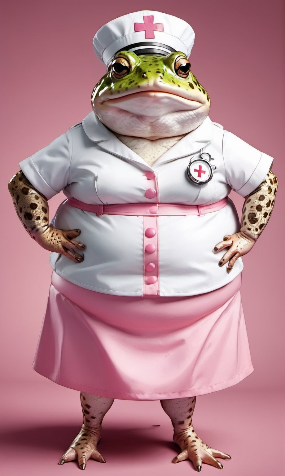  portrait of Dressed animals - a ((fat)) cute toad nurse,(hands on hips:1.5 ),(closed mouth), high quality,(lovely) ,intricate details, highly detailed ((pink nurse costume)), wearing nurse cap and skirt , highly detailed medical equipment , (happy), studio lighting,(),(simple background)