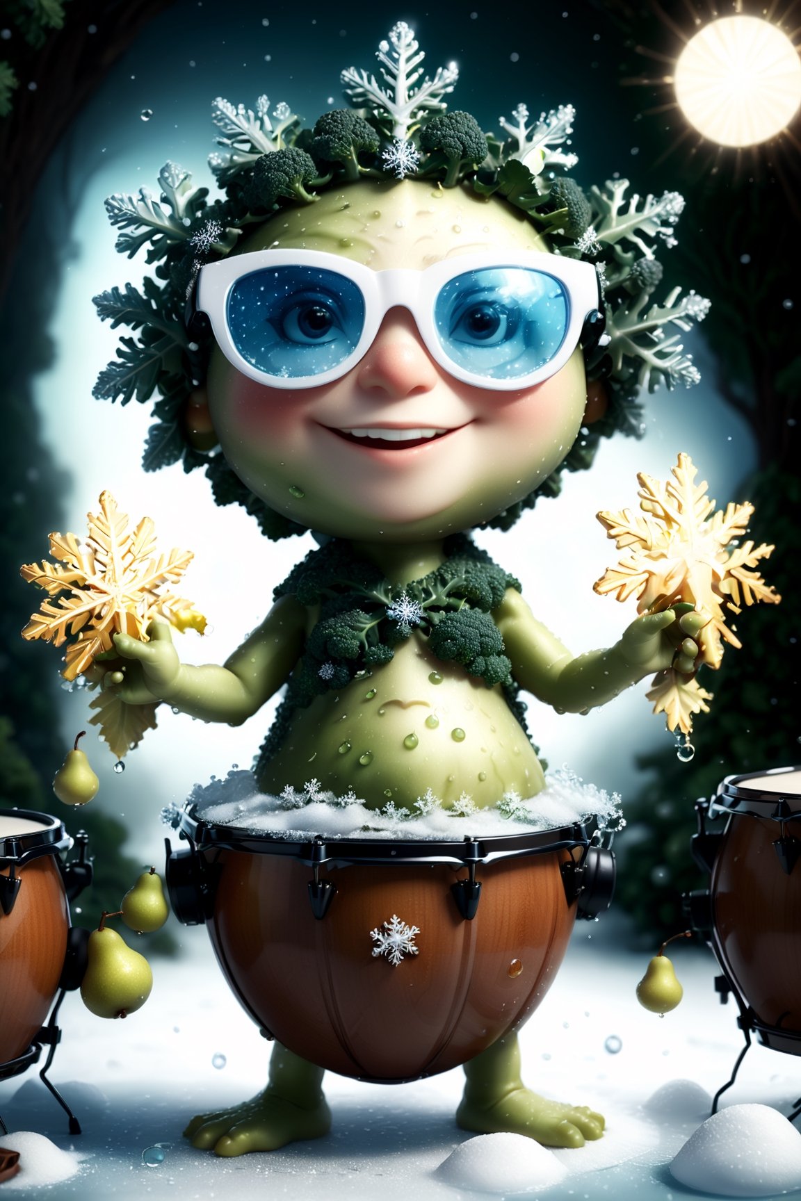 ((masterpiece:1.3,concept art,best quality,photorealistic)), very cute appealing anthropomorphism of broccoli , playing drums pear, wearing snowflake glasses,drum set background,looking at the viewer, big grin, happy,, droplets, macro, sunlight, fantasy art, dynamic composition, dramatic lighting, epic realistic, award winning illustration, more detail XL,snowflake glasses