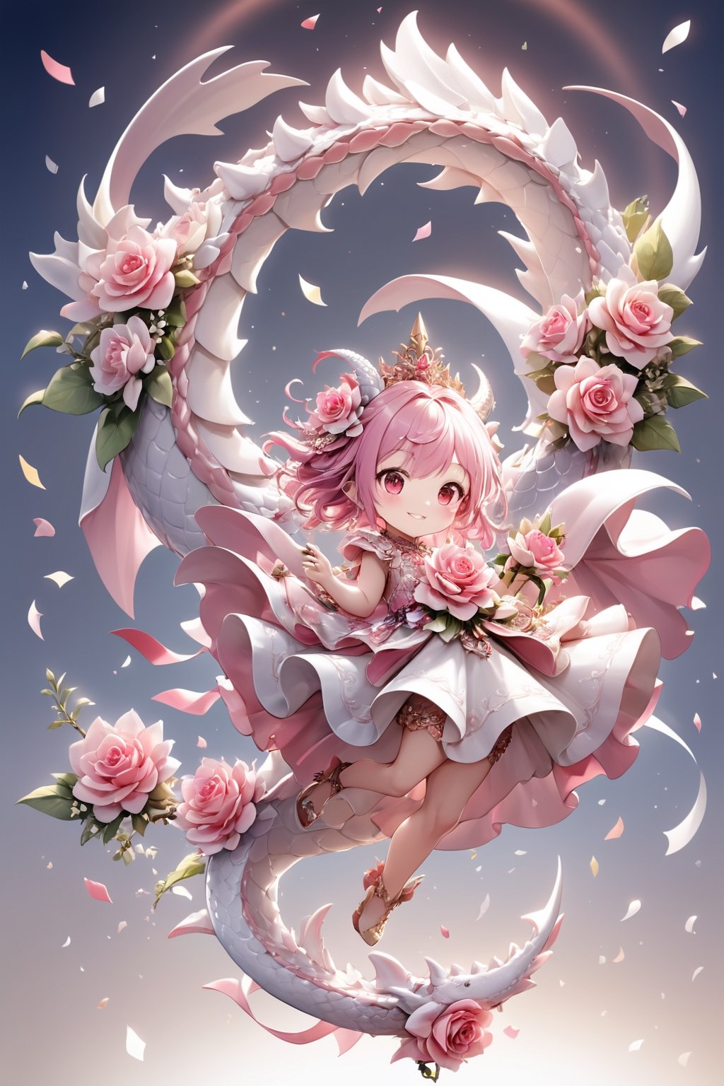  portrait of cute dragon,(dynamic  pose), high quality,(holding a pink rose) ,intricate details, highly detailed dress ,smile,highly detailed flower decorations, long tail , (wind effect),  confetti of roses background,sun light,(full body image:1.5),more detail XL,,cute dragon,sticker