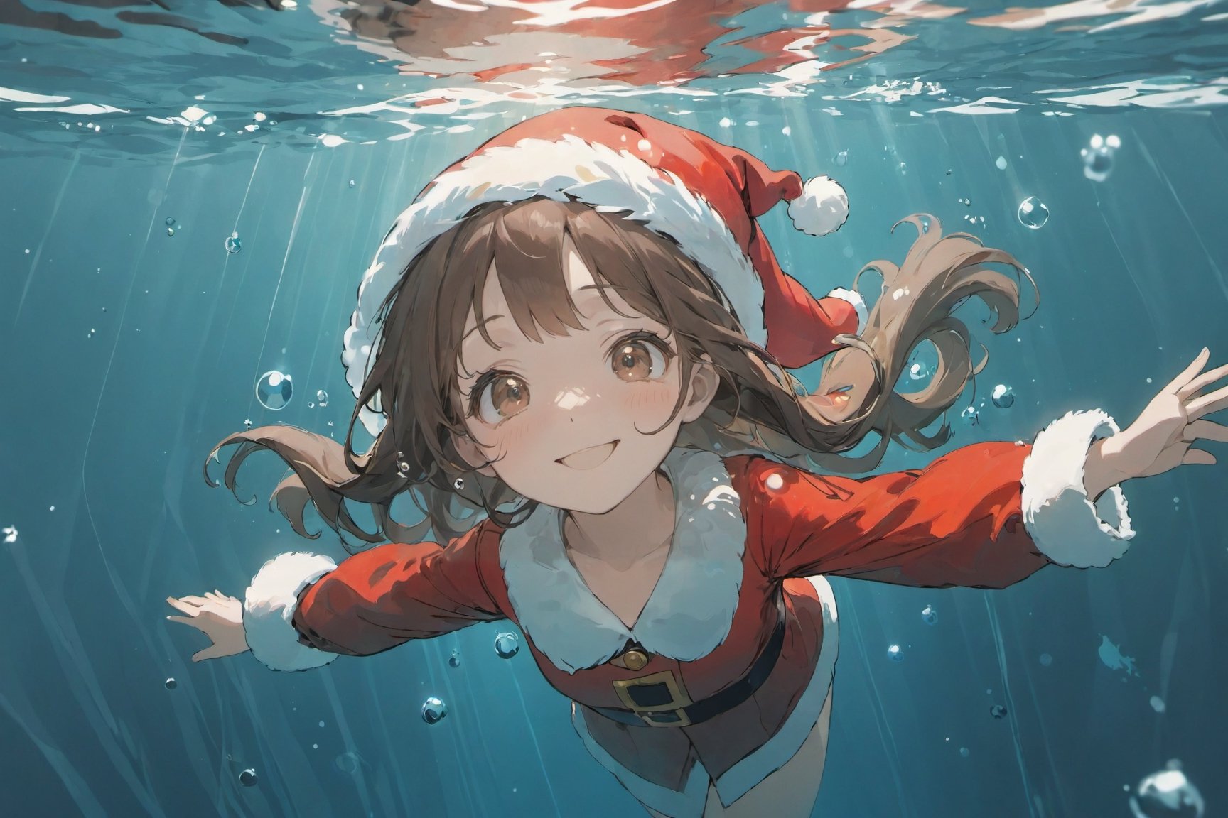 foreshortening,  depth of field, masterpiece, best quality, 1girl, brown hair, brown eyes,  long hair, underwater, air bubble, solo, looking at viewer,(lovely smile), (wearing Santa Claus costume), swimming,  dappled sunlight, 