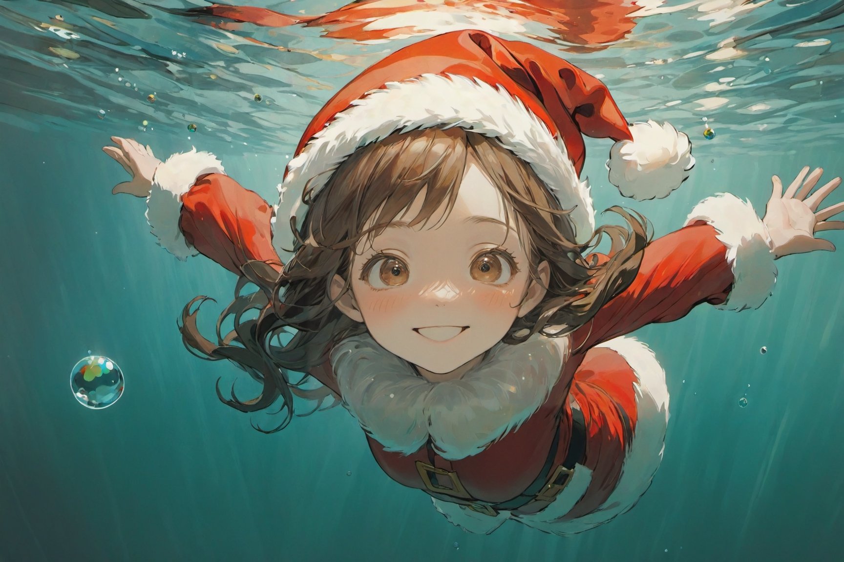 (christmas theme:1.5),foreshortening,  depth of field, masterpiece, best quality, 1girl, brown hair, brown eyes,  long hair, underwater, air bubble, solo, looking at viewer,(lovely smile), (wearing Santa Claus costume), swimming,  dappled sunlight, in the style of esao andrews,