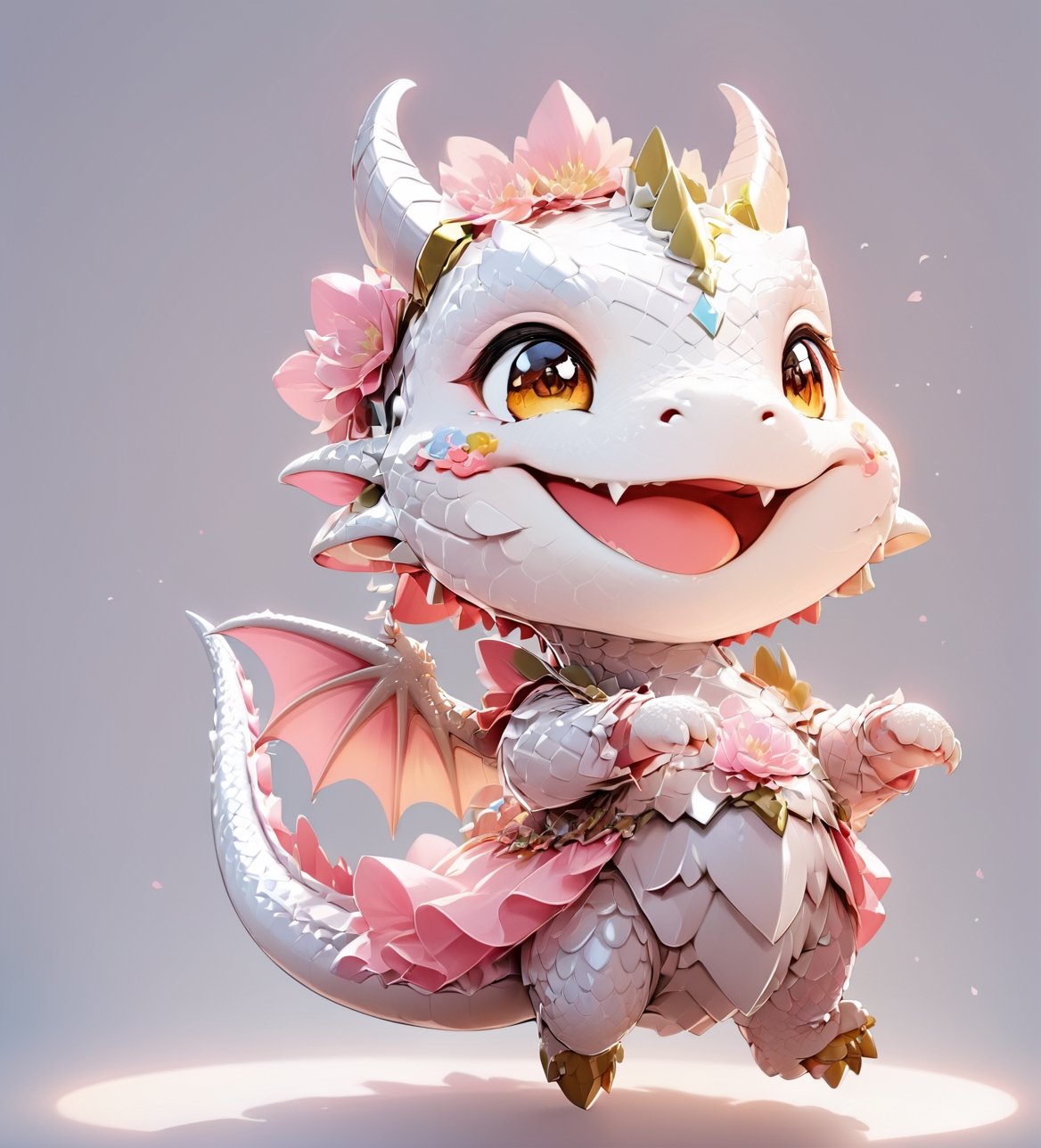  portrait of cute dragon,(dynamic  action pose), high quality,(happy atmosphere) ,,smile, , (wind effect), cherry_blossom background,sun light,(full body image:1.5),,,cute dragon,sticker