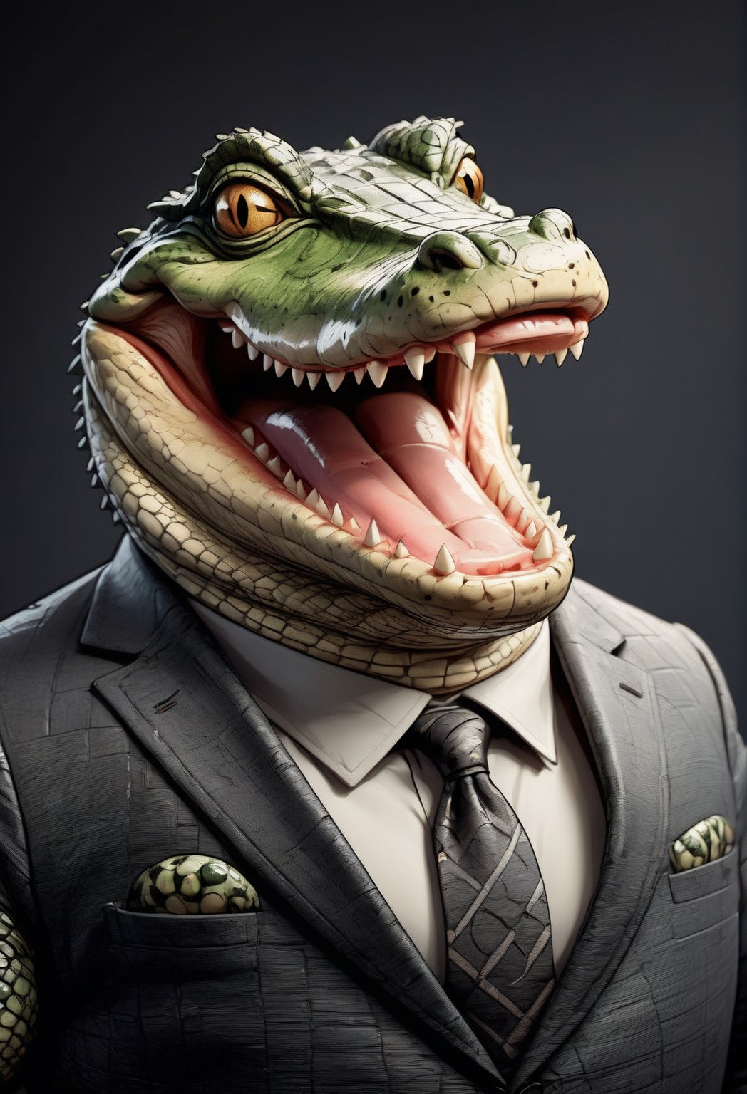 face close up illustration of anthropomorphic (fat)baby crocodile ,(cute), (lovely),dressed in a dark gray suit, (sticking out tongue:1.5),(happy smiling eyes:1.5),(smile:1.2),wearing glasses, soft lighting, Cinematic, hdr, primitive, Intricate, High quality, smoothing tones, Intricate details, Low contrast,(viewed from side:2.0), (looking at viewer:1.5), simple background,comic book