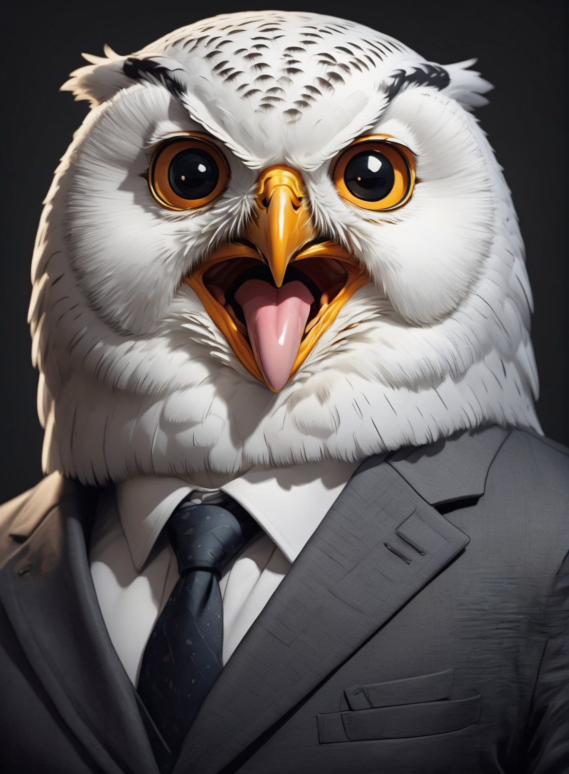 face close up illustration of anthropomorphic (fat)baby white owl ,(tongue)(furry), (lovely),dressed in a dark gray suit, (sticking out tongue:1.5),(happy smiling eyes:1.5),(smile:1.2),wearing glasses, soft lighting, Cinematic, hdr, primitive, Intricate, High quality, smoothing tones, Intricate details, Low contrast,(viewed from side:2.0), (looking at viewer:1.5), simple background,comic book