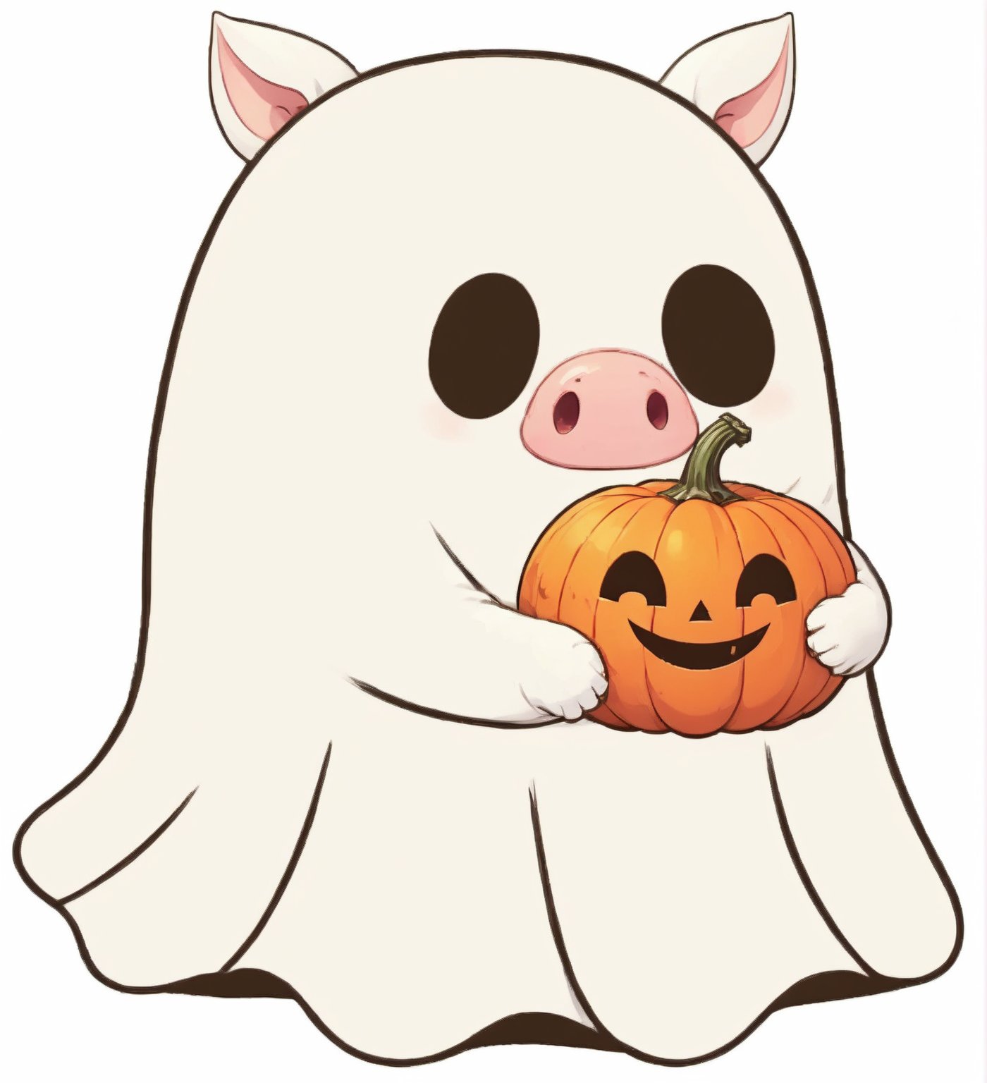 realistic illustration of  ghost, high quality,(cute) ,(smile:1.2),intricate detailed ghost, highly detailed,pig ears and nose,,taking pumpkin,Halloween atmosphere, simple  white background,score_9, score_8_up, score_7_up, score_6_up, score_5_up, score_4_up,comic book