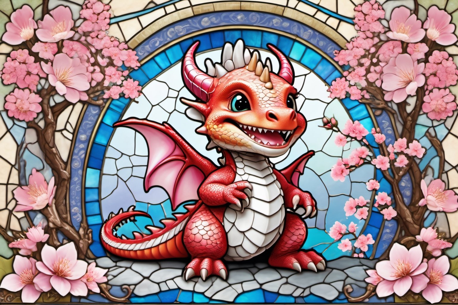 Happy, image of cute dragon,intricate details,cherry blossom background,
 blessed, welcoming , cute, adorable, vintage, art on a cracked paper, fairytale, patchwork, stained glass, storybook detailed illustration, cinematic, ultra highly detailed, tiny details, beautiful details, mystical, luminism, vibrant colors, complex background,,cute dragon