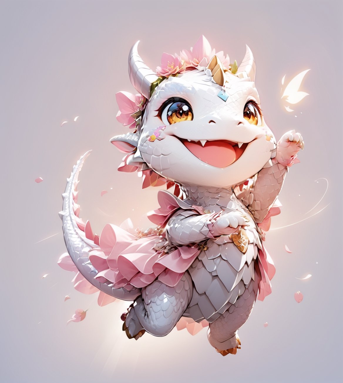  portrait of cute dragon,(dynamic jumping pose), arm up,high quality,(happy atmosphere) ,,smile, , (wind effect), cherry_blossom background,sun light,(full body image:1.5),,,cute dragon,sticker
