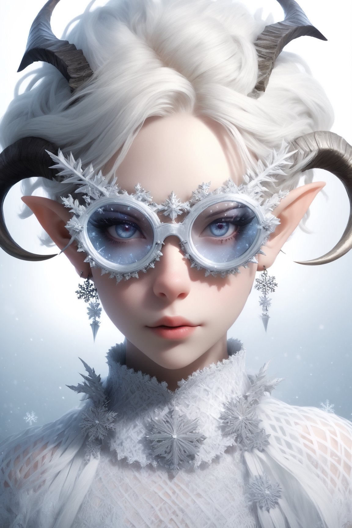 1 girl, (masterful), albino demon girl with lethargic sleepy smokey eyes,(white dreadlocks hair),((slit pupil eyes)),mesh fishnet blouse, (long intricate horns:1.2) ,wearing snowflake glasses,
best quality, highest quality, extremely detailed CG unity 8k wallpaper, detailed and intricate, 
,steampunk style,Glass Elements,snowflake glasses