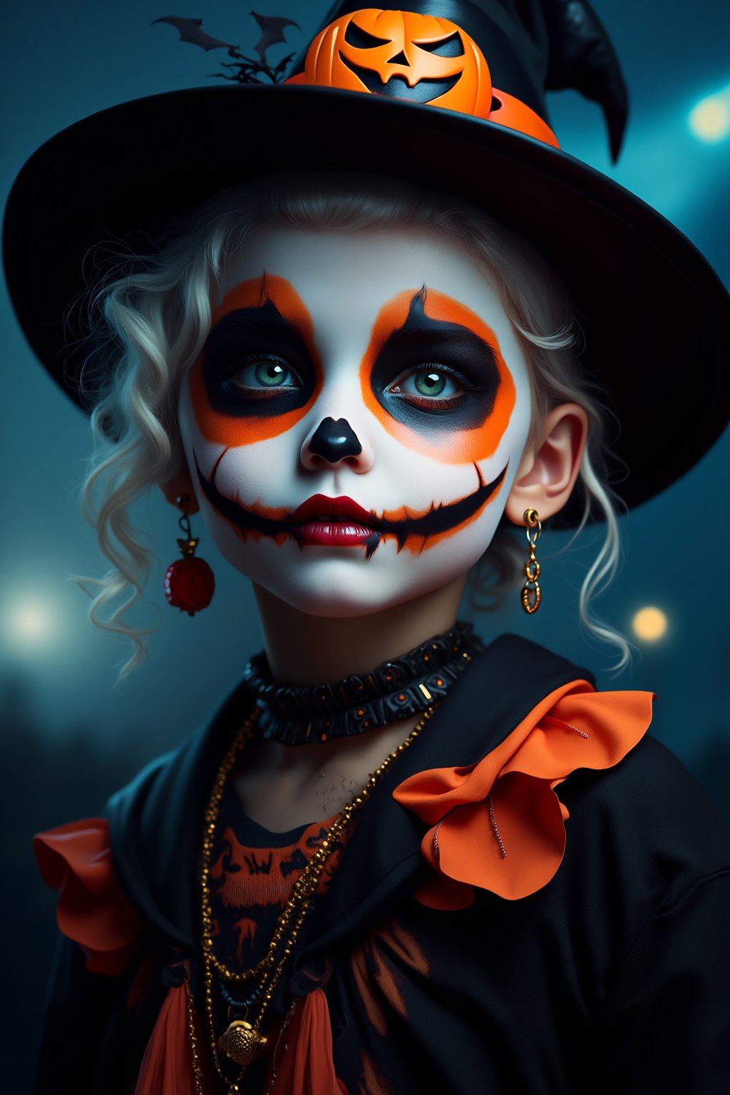 (Best Quality, 8K, 32K, masutepiece:1.3), Ultra-detailed, (Photorealistic:1.4), white colors, albino,15yo cute Girl with Halloween heavy paint on her face, child-like face,Detailed eyes, Upper body, Luxurious punk hair, Edgy Halloween fashion,(Halloween atmosphere),in Gothic Halloween costume and hat,jack-o-lantern motif accessories,necklace and earrings,  Avant-garde Halloween makeup, Numerous piercings,,night sky background, Backlight effect, Shallow depth of field, Blurry background,score_9, score_8_up, score_7_up, score_6_up, score_5_up, score_4_up,