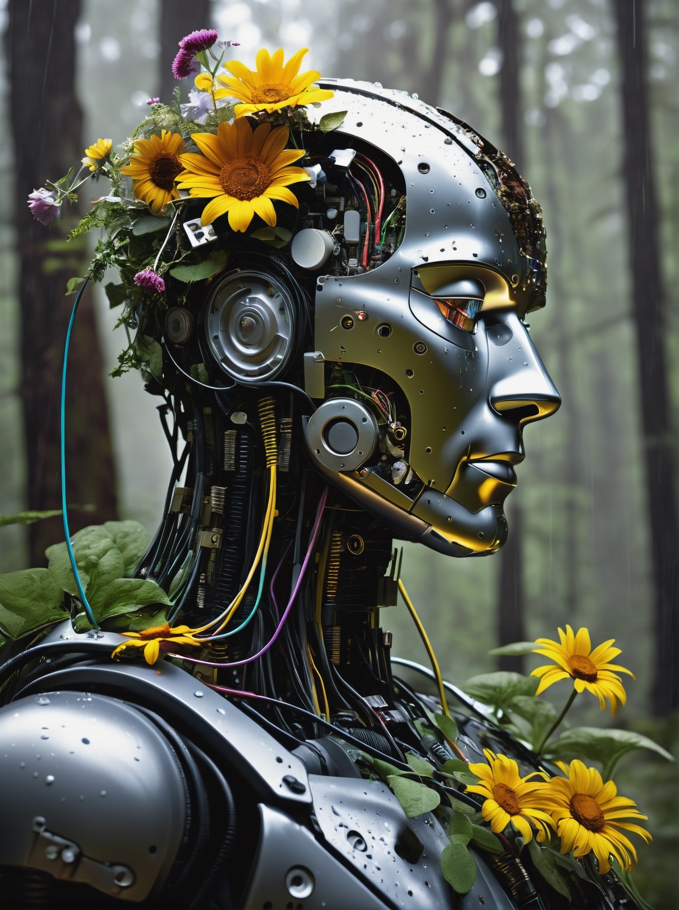 photo of a decayed male robot 45 degrees side view, with the top half of his head cut off, no brain, instead filled with wires, circuits, short plants and flowers, half of body is melted into the ground, eyes closed, wet with rain, masterpiece, high res, intricate, professional, photorealistic, dark forest background