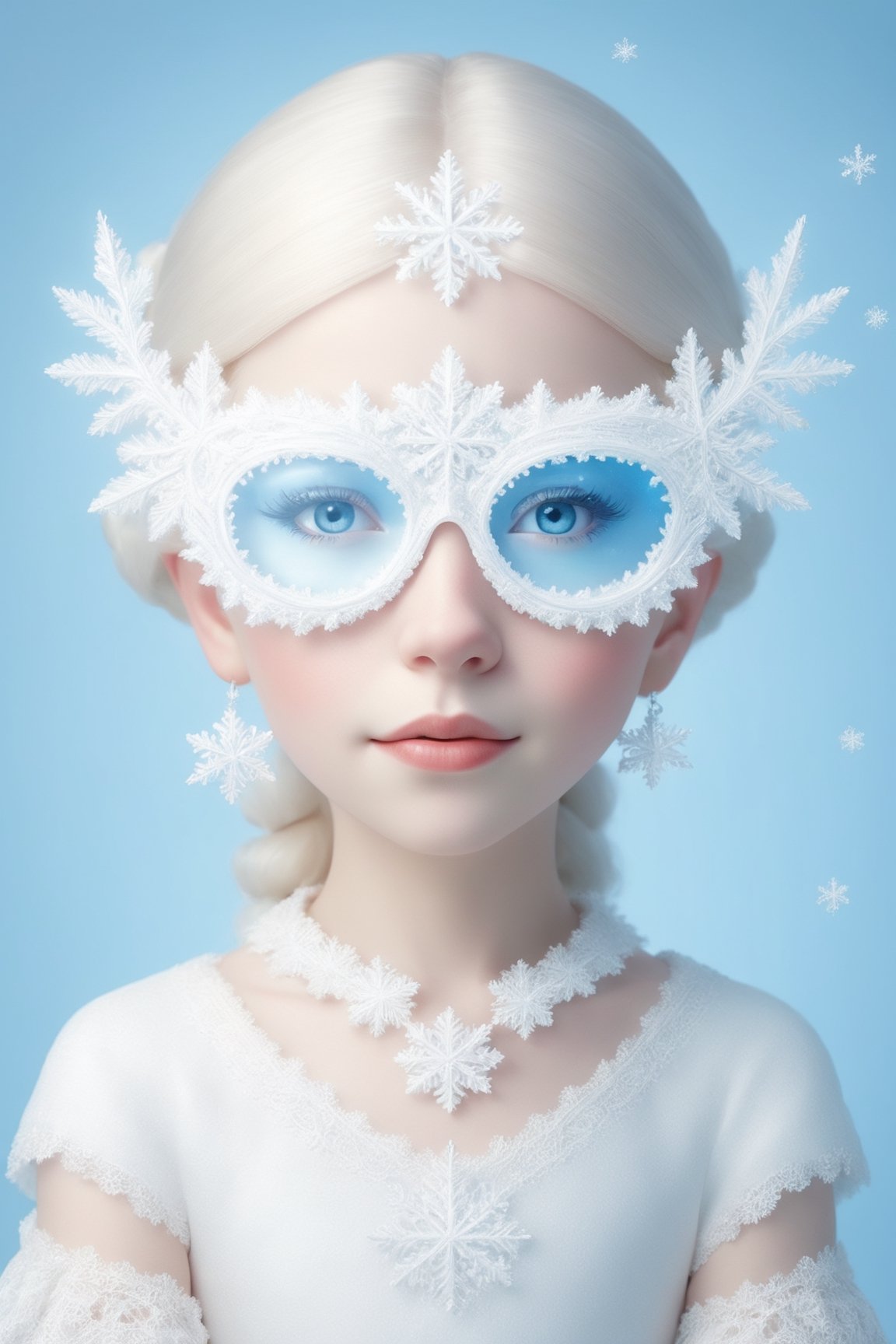 (Photorealistic Stick: 1.2), Sharp focus, (wearing snowflake glasses), Albino angel girl with seductively beautiful alabaster skin, 10 years old, cute face, detailed and perfect face, cuteness loved by everyone ,
A bright smile full of compassion, beautiful red lips, big eyes, soft expression, light blue pupils, white eyelashes, white hair,
Her porcelain-white skin, reflecting an almost heavenly glow, (((Victorian wedding dress, expensive, intricately designed tiara)), with intricate lacework and intricate details of lace and embroidery. Pure white wedding dress, (dancing, random pose, changing pose, dynamic angle,), happy atmosphere,snowflake glasses