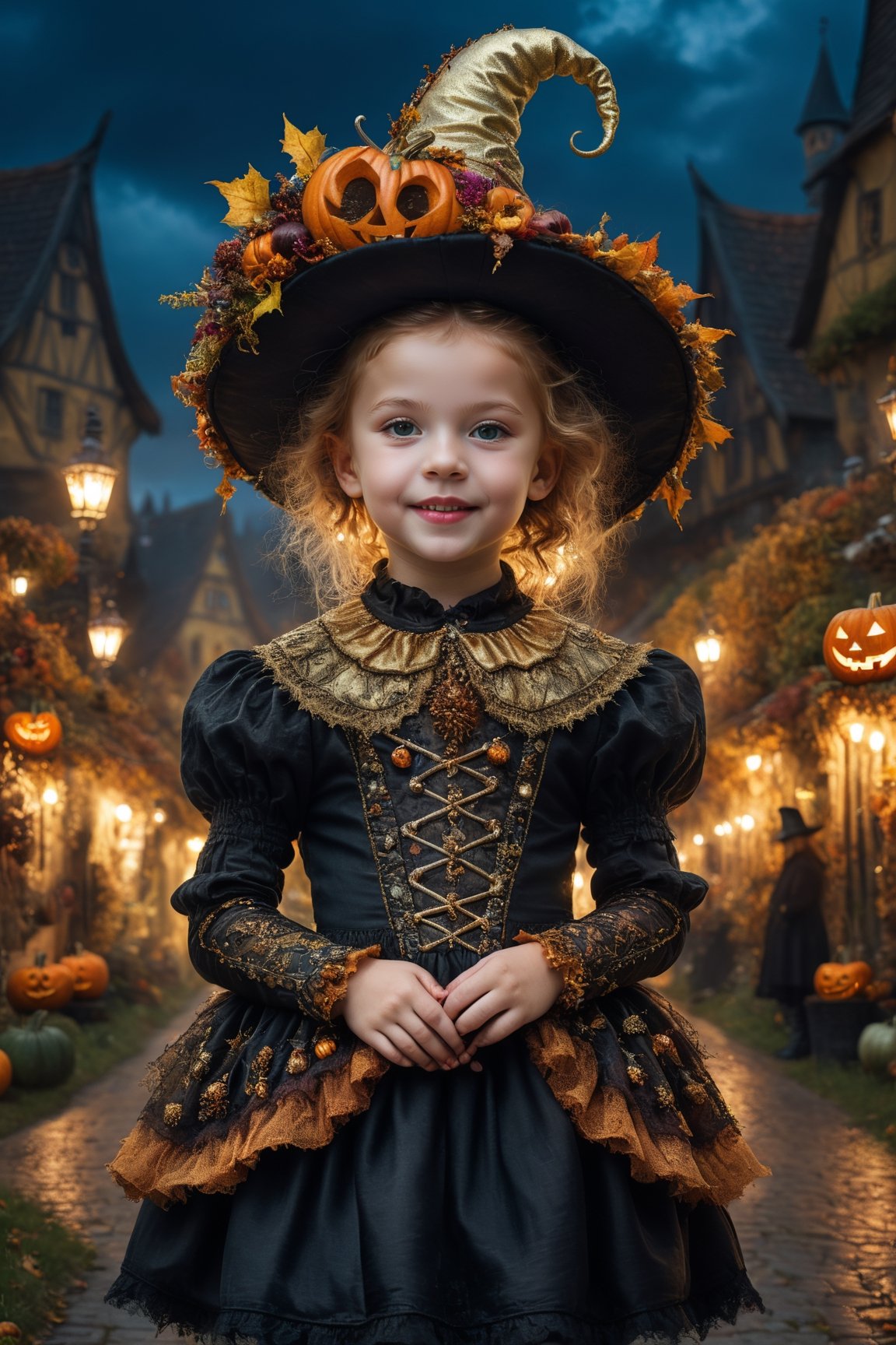 (Aetherpunk style:1.4),wide angle,8k , ultra quality ,nature,pagan imagery,cute very young Halloween witch,10 years old child,(big smile),,art by Giuseppe Arcimboldo,gold detailed,utopia,magic,(Halloween atmosphere),neon detailed,beasts,mages,((in Halloween town,amazing scenery)),(highly detailed:1.2),(ultra realism:1.2), realistic, detailed, textured, skin, hair, eyes, by Alex Huguet, Mike Hill, Ian Spriggs, JaeCheol Park, Marek Denko,(side view:1.5)
,