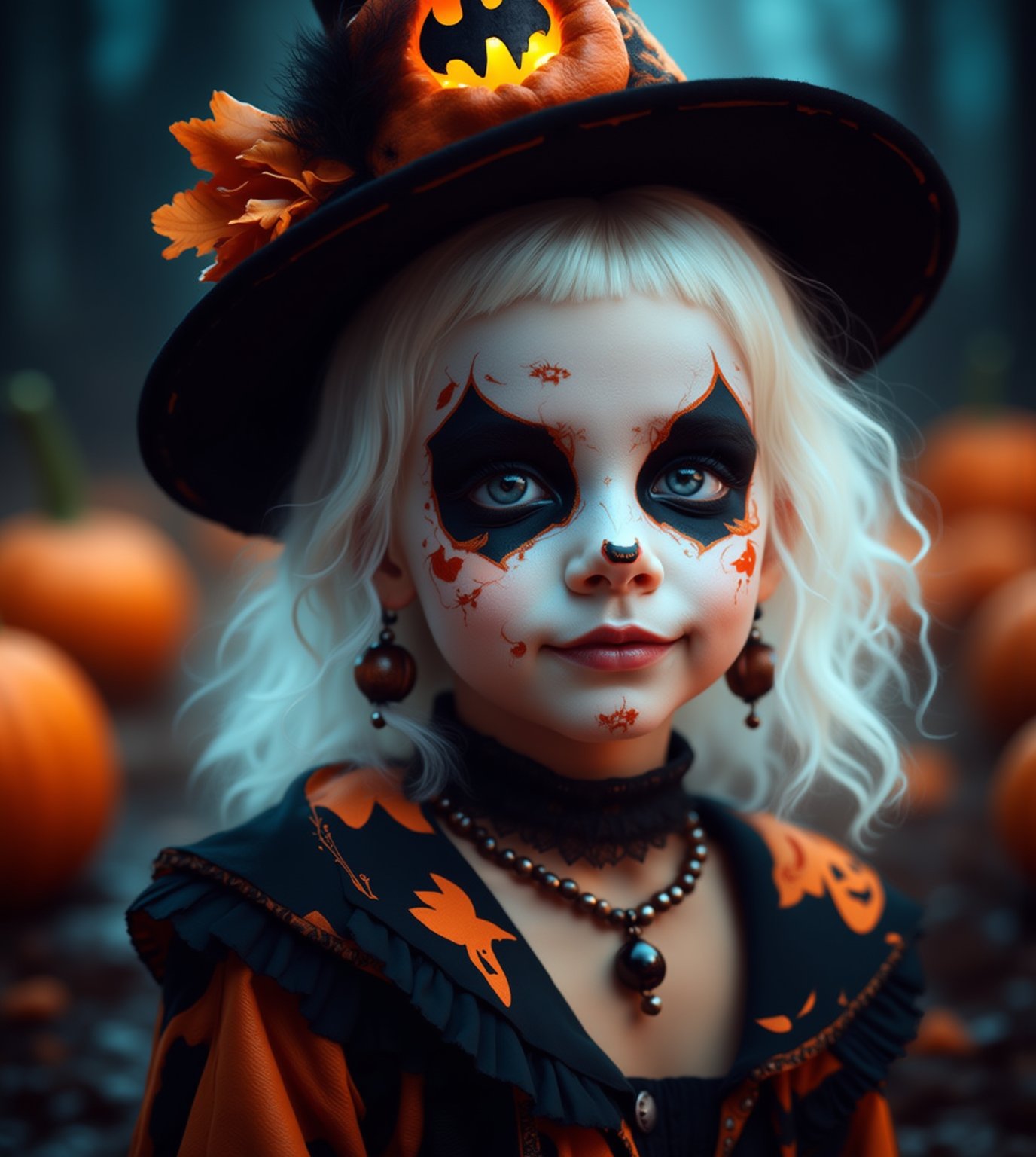 (Best Quality, 8K, 32K, masutepiece:1.3), Ultra-detailed, (Photorealistic:1.4), white colors, albino,15yo cute Girl with Halloween heavy paint on her face, child-like face,Detailed eyes, Upper body, Luxurious punk hair, Edgy Halloween fashion,(Halloween atmosphere),in Gothic Halloween costume and hat,jack-o-lantern motif accessories,necklace and earrings,  Avant-garde Halloween makeup, Numerous piercings,,night sky background, Backlight effect, Shallow depth of field, Blurry background,score_9, score_8_up, score_7_up, score_6_up, score_5_up, score_4_up,