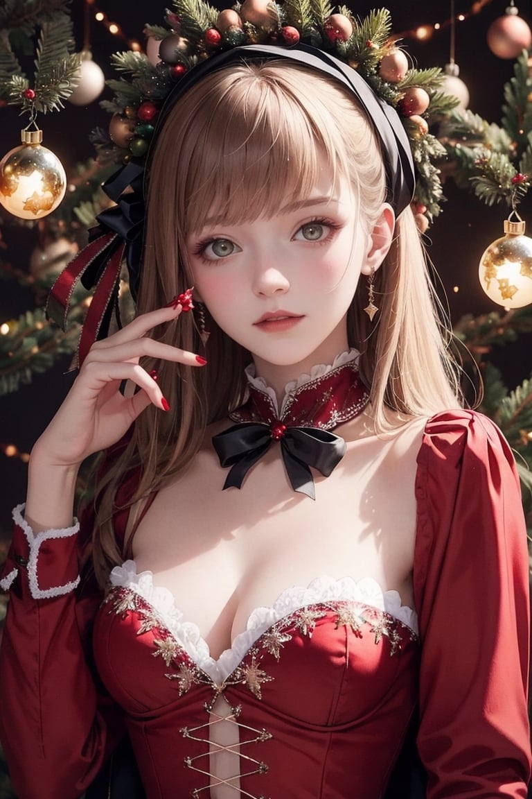 Christmas theme:1.5,portrait of a beautiful swiss girl,wearing gothic christmas dress,bizarre,floral,Luminous,(christmas atmosphere)