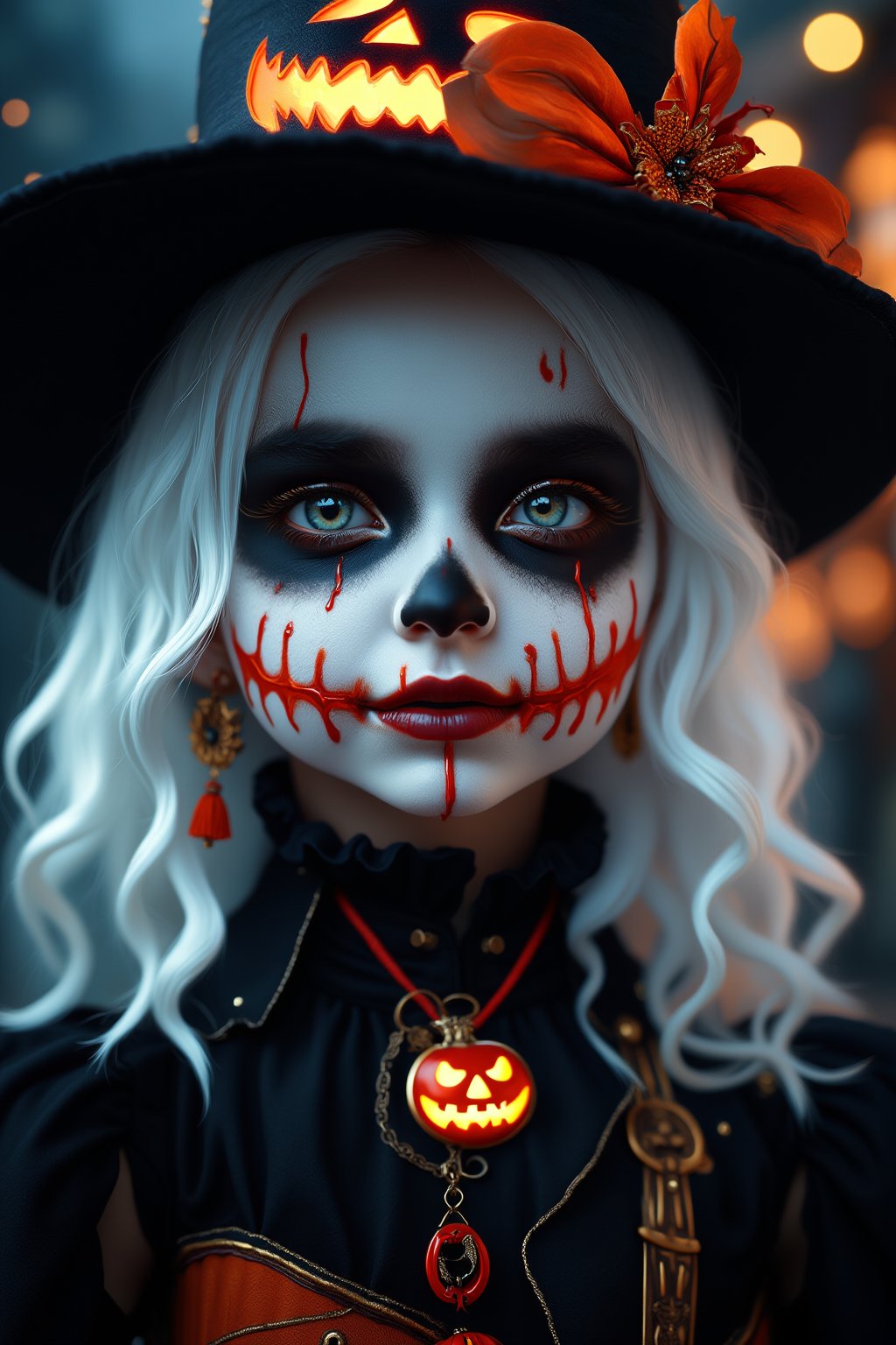 (Best Quality, 8K, 32K, masutepiece:1.3), Ultra-detailed, (Photorealistic:1.4), white colors, albino,15yo cute Girl with Halloween heavy paint on her face, child-like face,Detailed eyes, Upper body, Luxurious punk hair, Edgy Halloween fashion,(Halloween atmosphere),in Gothic Halloween costume and hat,jack-o-lantern motif accessories,necklace and earrings,  Avant-garde Halloween makeup, Numerous piercings,,night sky background, Backlight effect, Shallow depth of field, Blurry background,score_9, score_8_up, score_7_up, score_6_up, score_5_up, score_4_up,