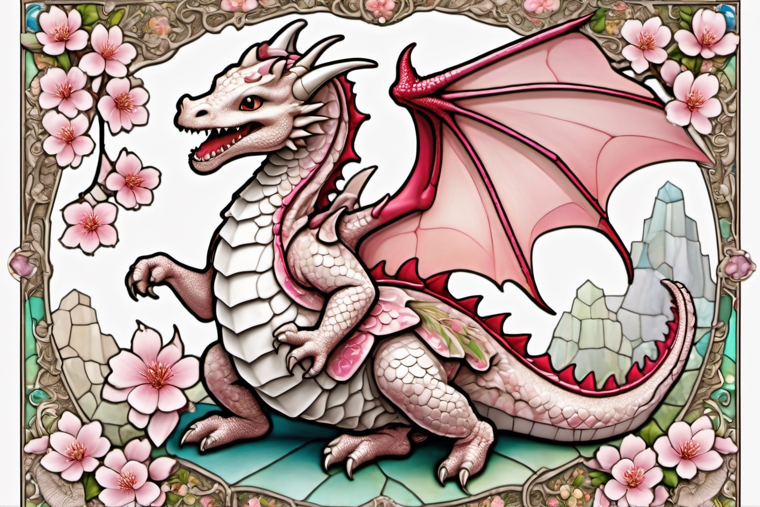 Happy, image of cute dragon,intricate details,cherry blossom background,
 blessed, welcoming , cute, adorable, vintage, art on a cracked paper, fairytale, patchwork, stained glass, storybook detailed illustration, cinematic, ultra highly detailed, tiny details, beautiful details, mystical, luminism, vibrant colors, complex background,,cute dragon