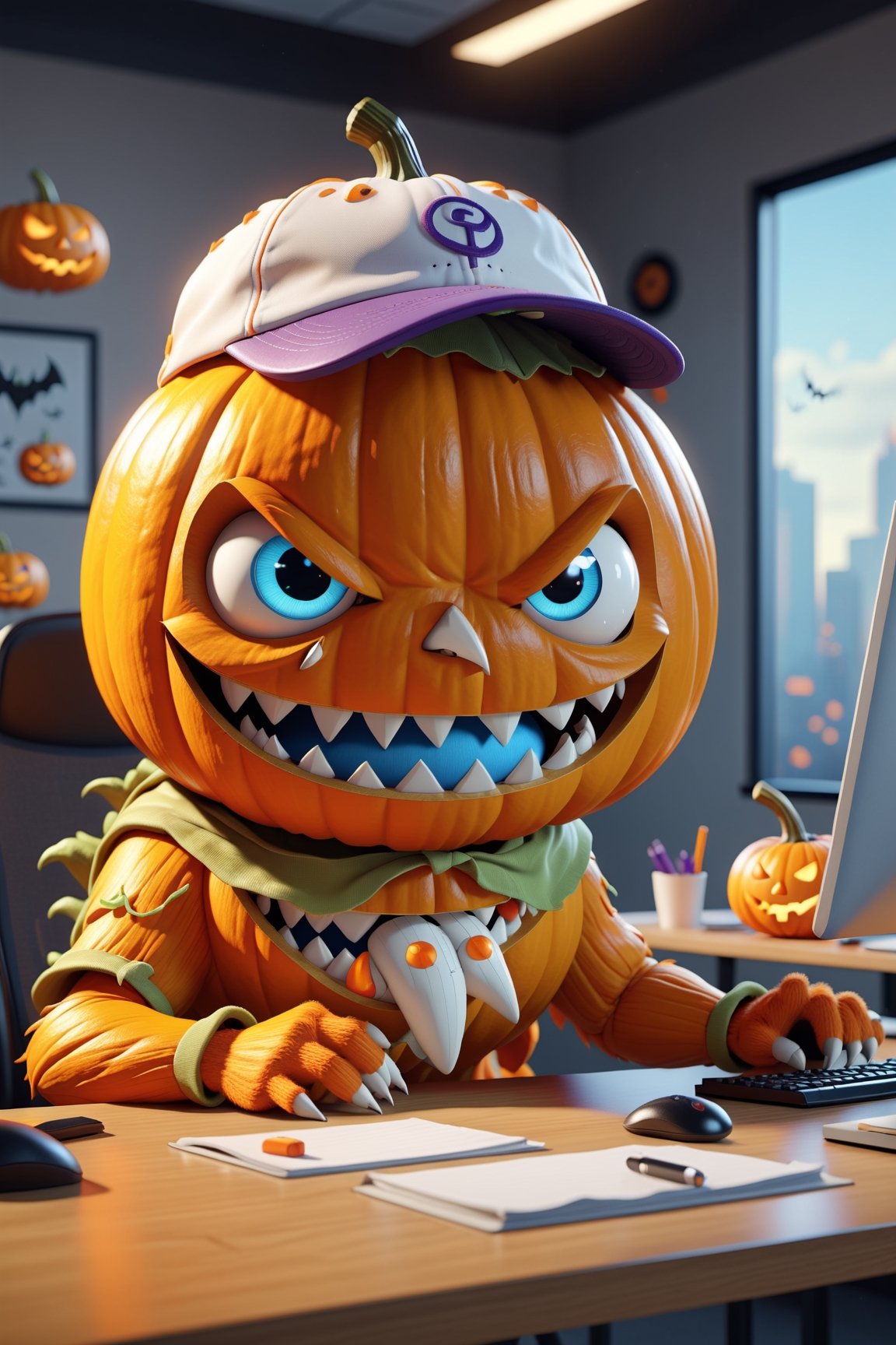 cartoon character classic, fantasy video game character ,Halloween character,concept art, a cute pumpkin monster wearing (baseball cap) , in modern office room,detailed ((office)) background, PC on office desk, Halloween ornaments, fantasy, animation style rendering, cute 3 D rendering, small characters. Unreal Engine 5, stylized anime, cute detailed digital art, 1970s dark fantasy movie, centred, rule of thirds,3d, ,monster,PEOPShockedFace