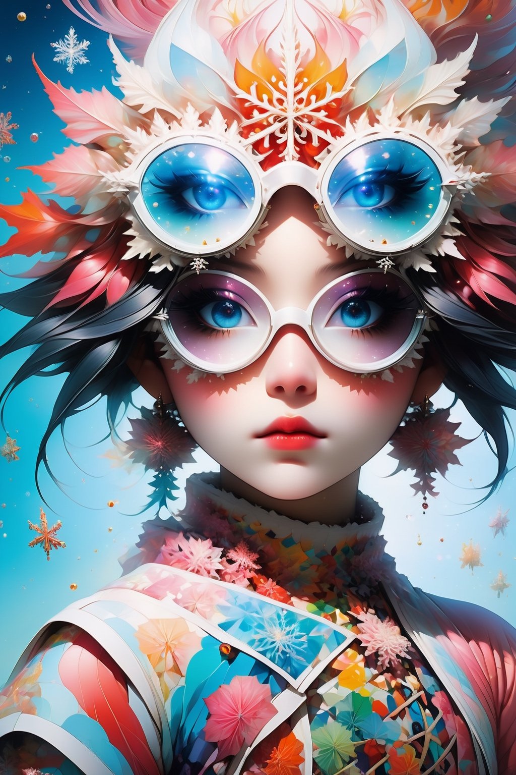 front view, In this mind-bending artwork, a whimsical dreamscape unfolds. A distorted mirror reflects fragmented images of the artist's influences—Araki's intimate photography, Saeki's eroticism, Kusama's polka dots, and Newton's provocative elegance. The central figure, a surreal self-portrait of the artist, stands within the kaleidoscopic vortex, surrounded by floating eyes and distorted faces. The canvas is a riot of color and texture, capturing the intricate dance between consciousness and subconscious influences. This painting invites viewers to explore the depths of their own minds and the eclectic mix of influences that shape their perceptions.

enigmatic beings with ethereal silhouettes, digital dreamscape. Illuminate the scene with the pulse of a celestial bloom,casting hues that bridge both cosmic and cybernetic realms. where the organic and the synthetic collide in a dynamic composition.Integrate augmented reality surprises, fusion of art styles, transcend boundaries and conjure a visual symphony that harmonizes the present elements.wearing snowflake glasses,upper body:1.5,
The works include American Cult Film (cult film), Hot Rod (modified car culture), Rock & Punk and Japanese Ukiyo-e, Nobuyoshi Araki, Toshio Saeki, Rockin' Jelly Bean, Helmut Newton, Kusama Yayoi, Nara Yoshitomo, etc. representative style.
masterpiece artwork, best quality,  
8k, octane render, natural lighting, hyperrealistic, 
3d cartoon, extremely detailed, dynamic angle, 
magic, surreal, fantasy, digital art, UHD, cinematic perfect light,
,retroartstyle,DonMBl00mingF41ryXL ,IncrsDistractedBoyfriendMeme,High detailed ,Ukiyo-e,3D Render Style, in the style of esao andrews,sfglasses