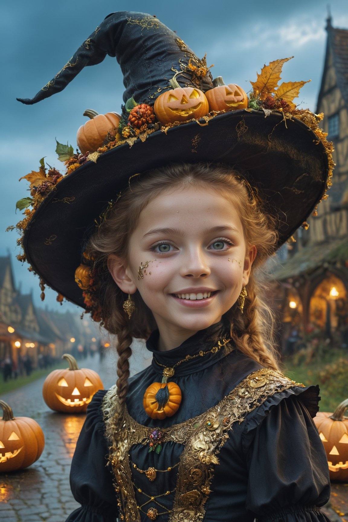 (Aetherpunk style:1.4),wide angle,8k , ultra quality ,nature,pagan imagery,cute very young Halloween witch,10 years old girl,(lovely smile),,art by Giuseppe Arcimboldo,gold detailed,utopia,magic,(Halloween atmosphere),neon detailed,beasts,mages,((in Halloween town,amazing scenery)),(highly detailed:1.2),(ultra realism:1.2), realistic, detailed, textured, skin, hair, eyes, by Alex Huguet, Mike Hill, Ian Spriggs, JaeCheol Park, Marek Denko,(side view:1.5)
,