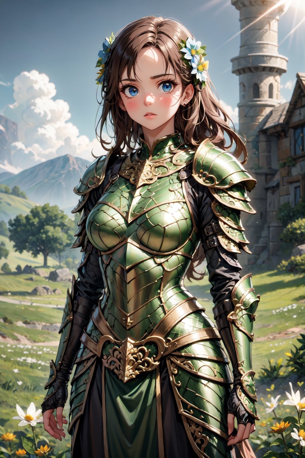 (masterpiece),(best quality),(extremely intricate),(sharp focus),(cinematic lighting),(extremely detailed),A young girl in dragon armor,standing in a meadow of wildflowers. She has long brown hair adorned with wildflowers. Her expression is determined,and her eyes are shining with courage. The sun is shining brightly behind her,casting a golden glow over the scene.,flower4rmor,flower bodysuit,Flower,dragon armor